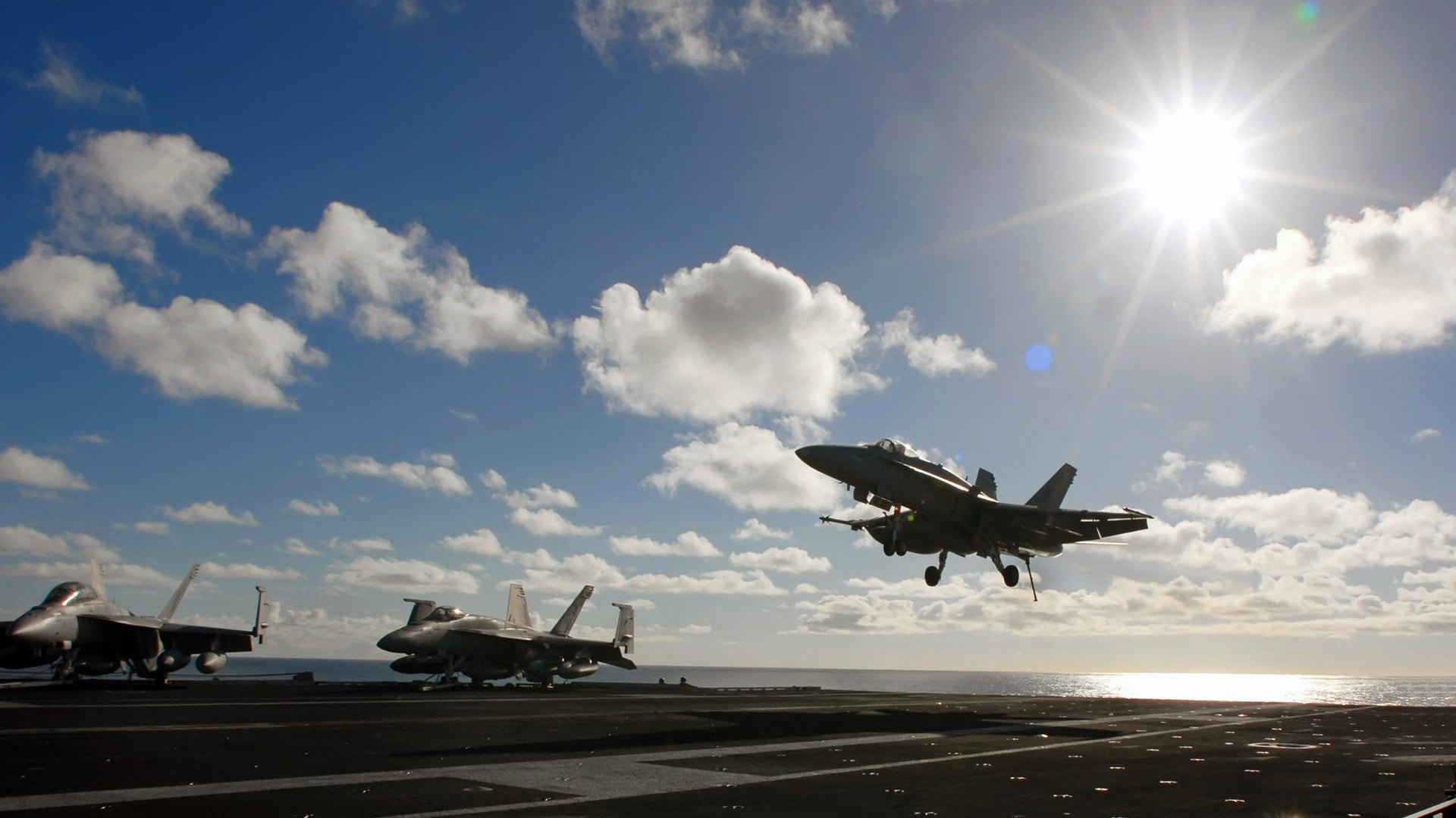 airport runway, cloudy, air vehicle, travel, gray, mode of transportation, cloud - sky, blue, sunlight, airplane, aircraft, clouds, lens flare, aircraft carrier, HD Wallpaper