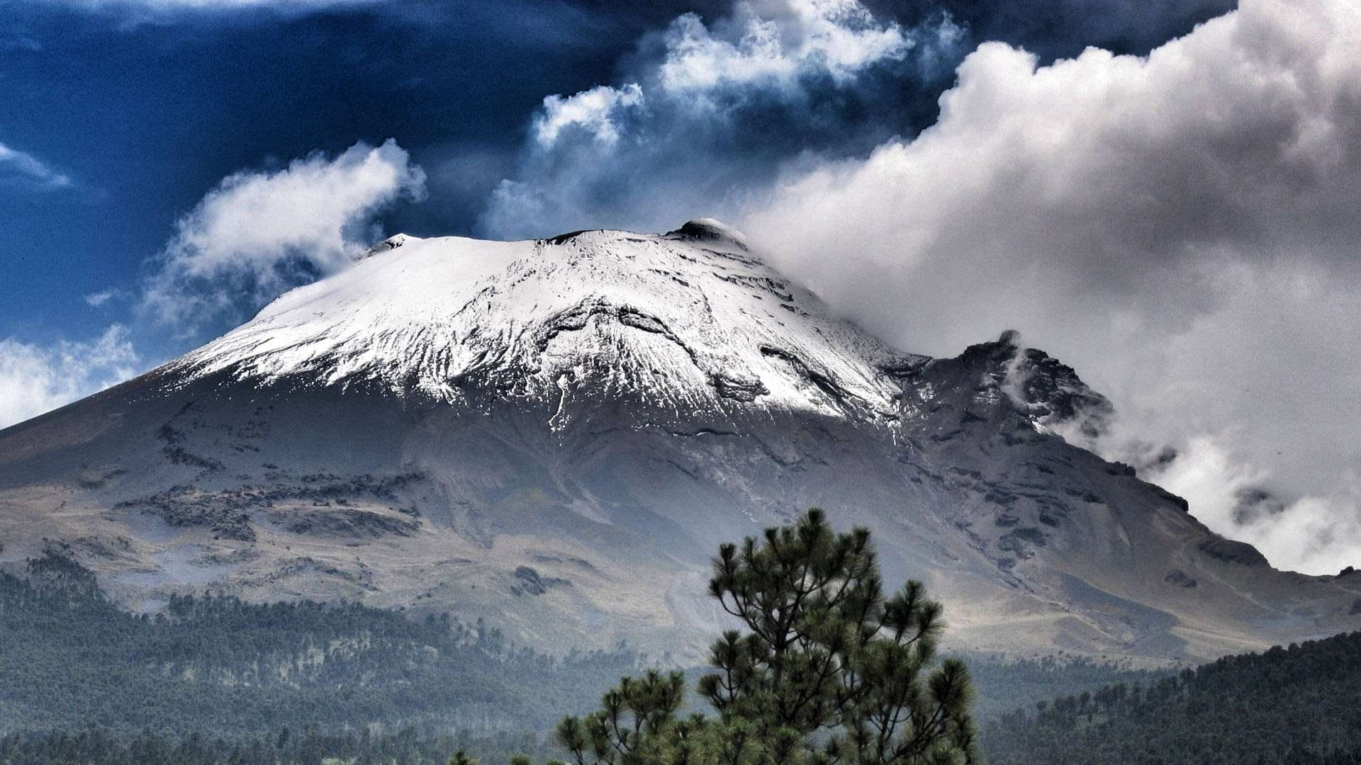 snow, clouds, popocatepetl, tree, hd, 1080P, vulcano, mexico, HD Wallpaper