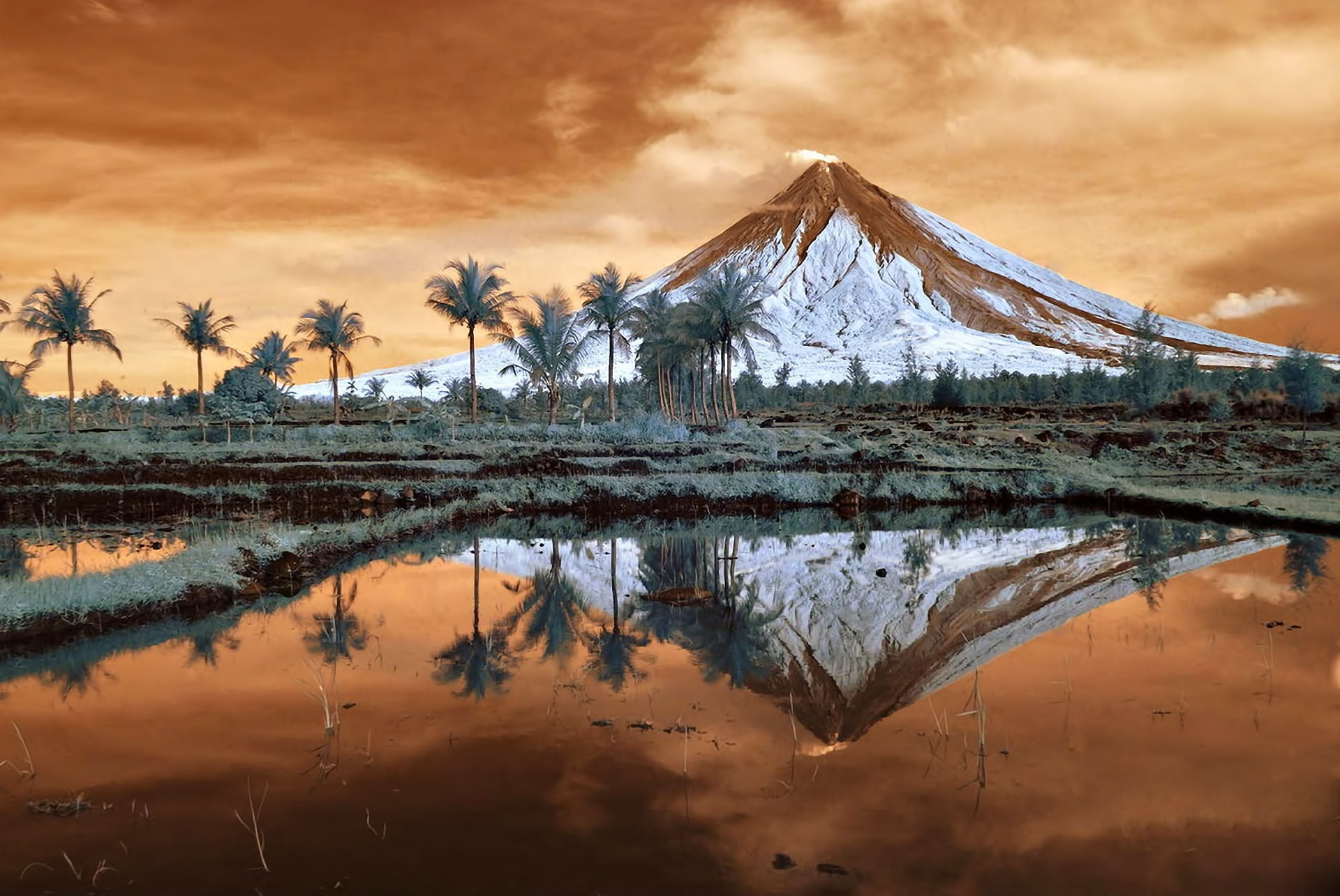 mountain, trees, reflection, nature, volcano, mayon, luzon, landscape, mount, 1080P, philippines, HD Wallpaper