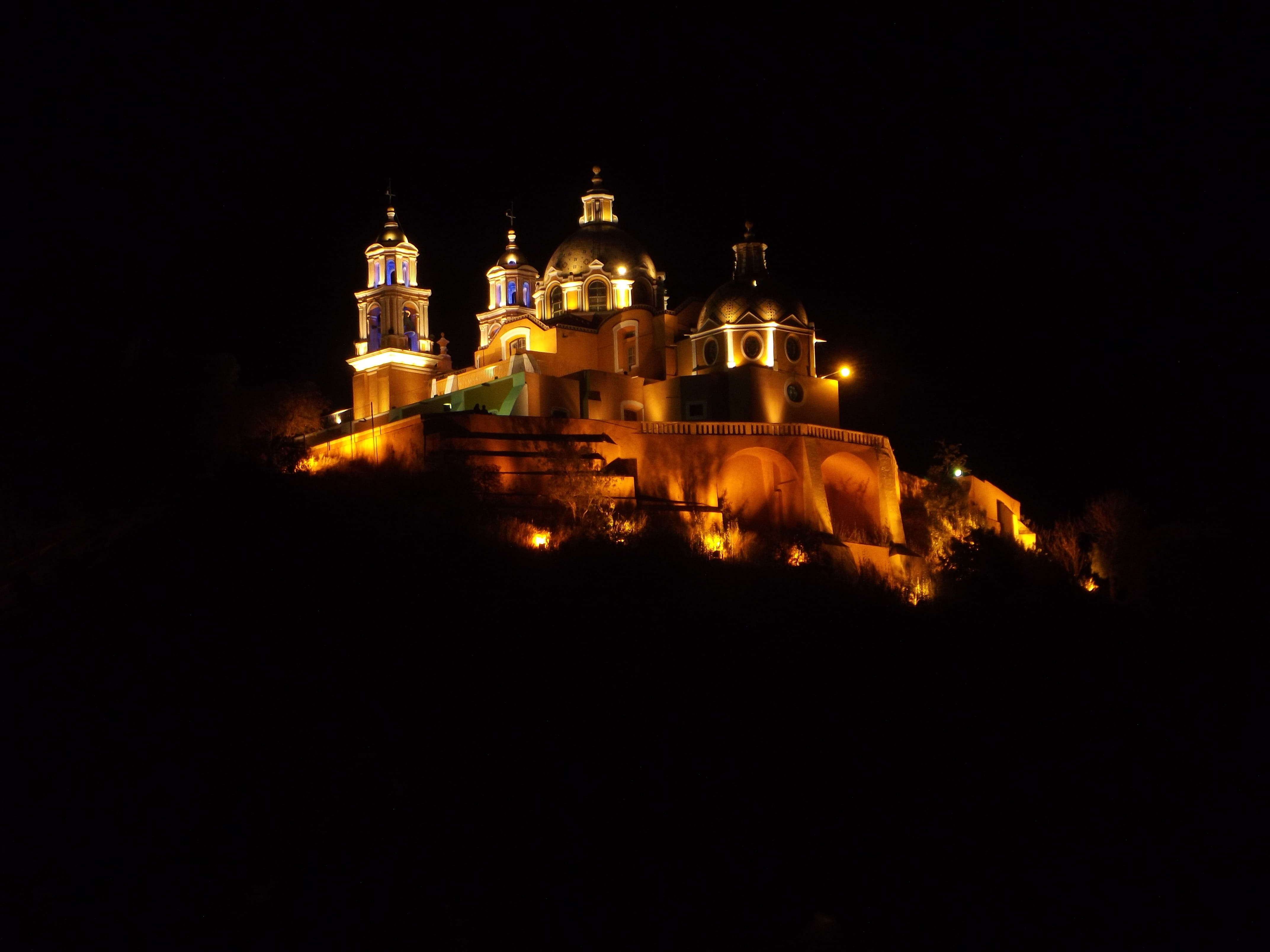 building exterior, copy space, night, history, churches, Mexico, illuminated, cholula, no people, travel, 4K, nature, Cholula, Pyramid, dome, belief, travel destinations, HD Wallpaper