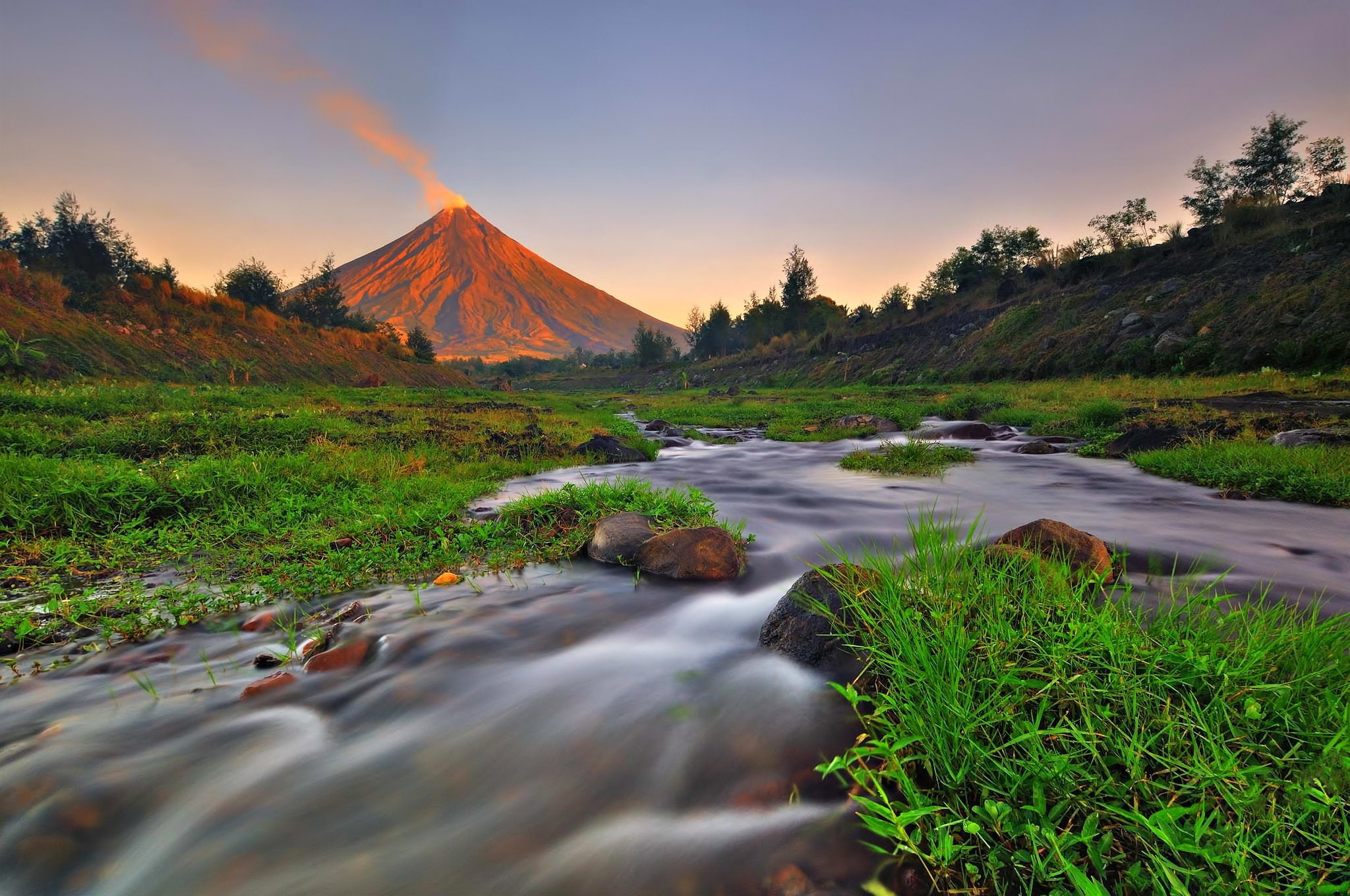 1080P, grass, nature, volcano, mountain, mayon, landscape, creek, river, HD Wallpaper