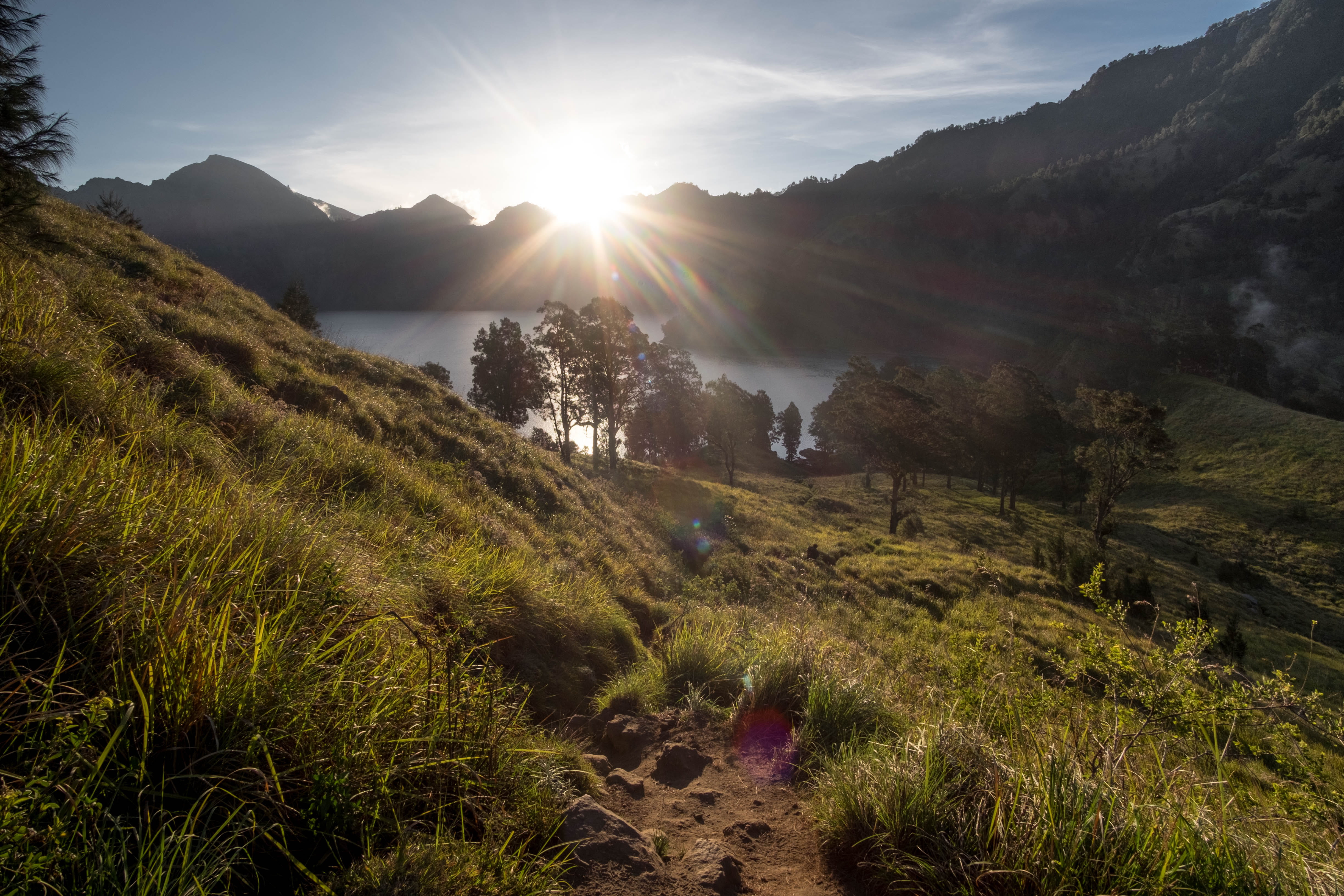 plant, sunlight, non-urban scene, lake, land, sunset, mountain range, mount rinjani, outdoors, no people, bright, landscape, beauty in nature, tranquil scene, HD Wallpaper