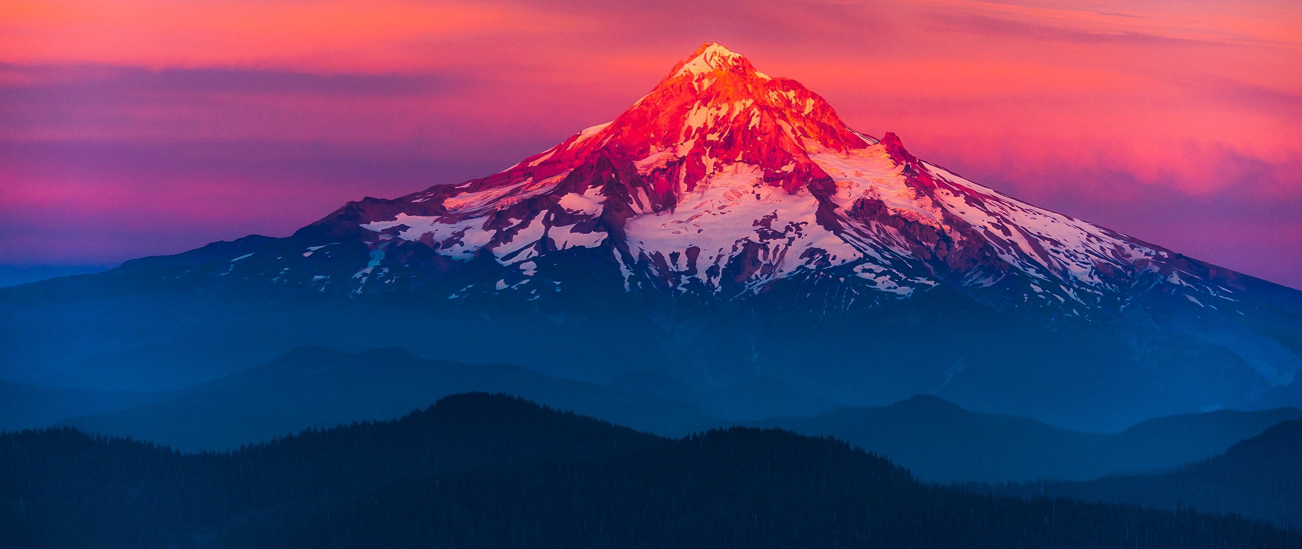 2K, mountains, power in nature, sunset, cloud - sky, dusk, landscape, sky, snow, nature, beauty in nature, purple, snowcapped mountain, tranquil scene, HD Wallpaper