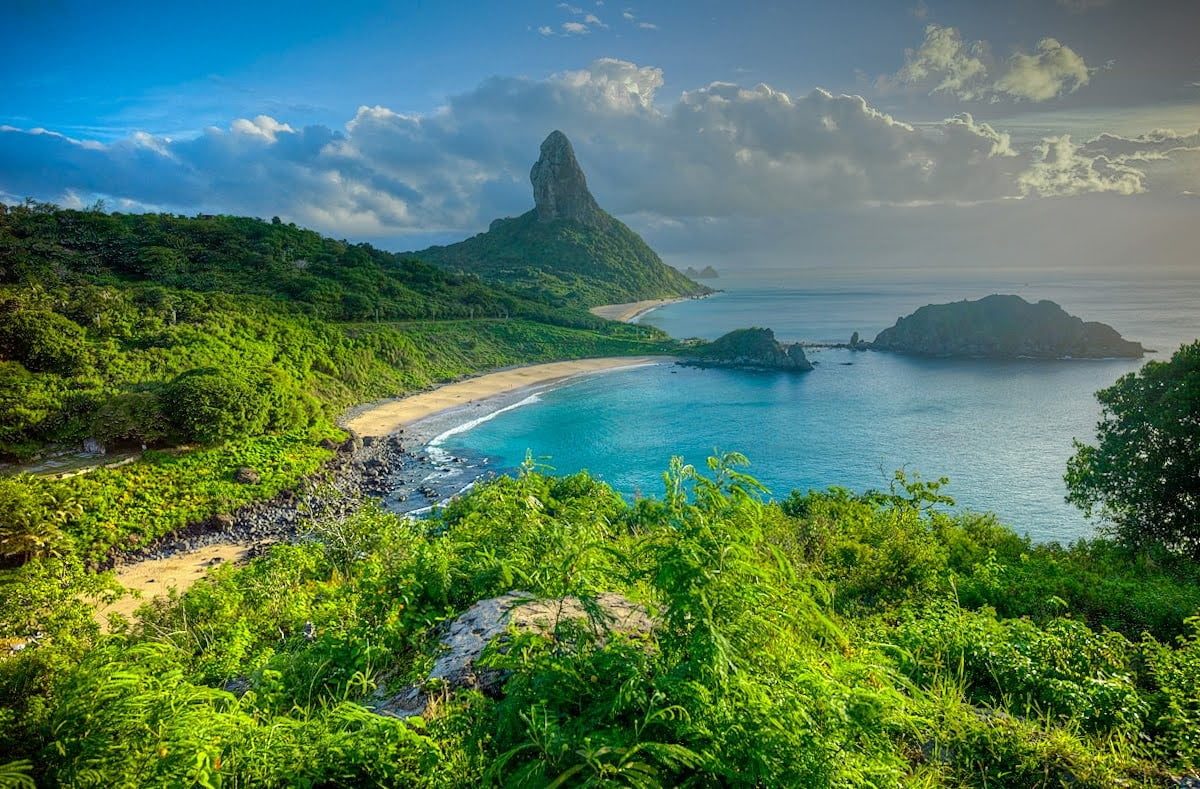 summer, Brazil, volcanic crater, landscape, cloud - sky, growth, sea, tropical, turquoise colored, water, non-urban scene, plant, clouds, 480P, sky, Fernando de Norhona, HD Wallpaper