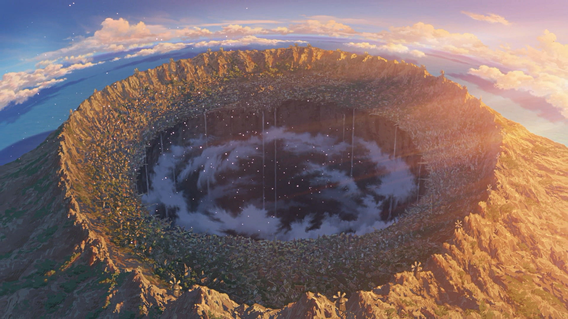 sky, aerial view, made, abyss, geology, day, Made In Abyss, cloud - sky, land, volcano, landscape, travel, nature, Anime, environment, scenics - nature, HD Wallpaper
