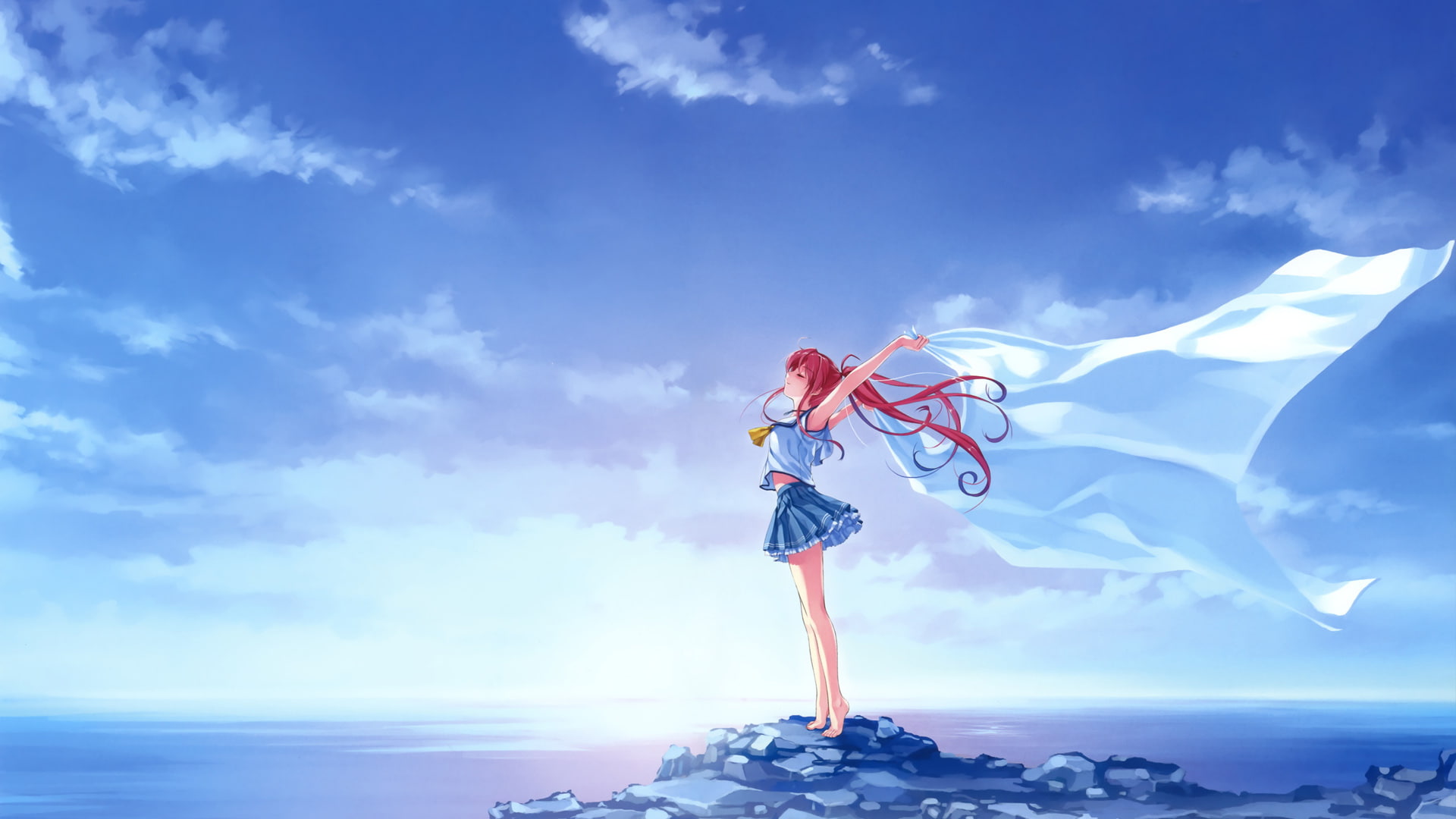 sea, sky, blue, 1080P, cloth, girl, clean, anime, cute, white, deep, deep blue sky, white cloth, cute anime girl, HD Wallpaper