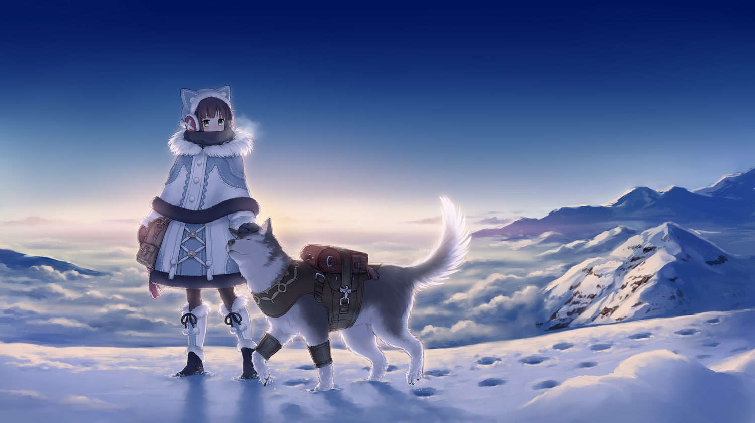 warm clothing, snow, winter, clean sky, mammal, full length, sky, outdoors, child, wolf, dog, 720P, people, clothing, nature, pets, domestic, canine, Anime, HD Wallpaper