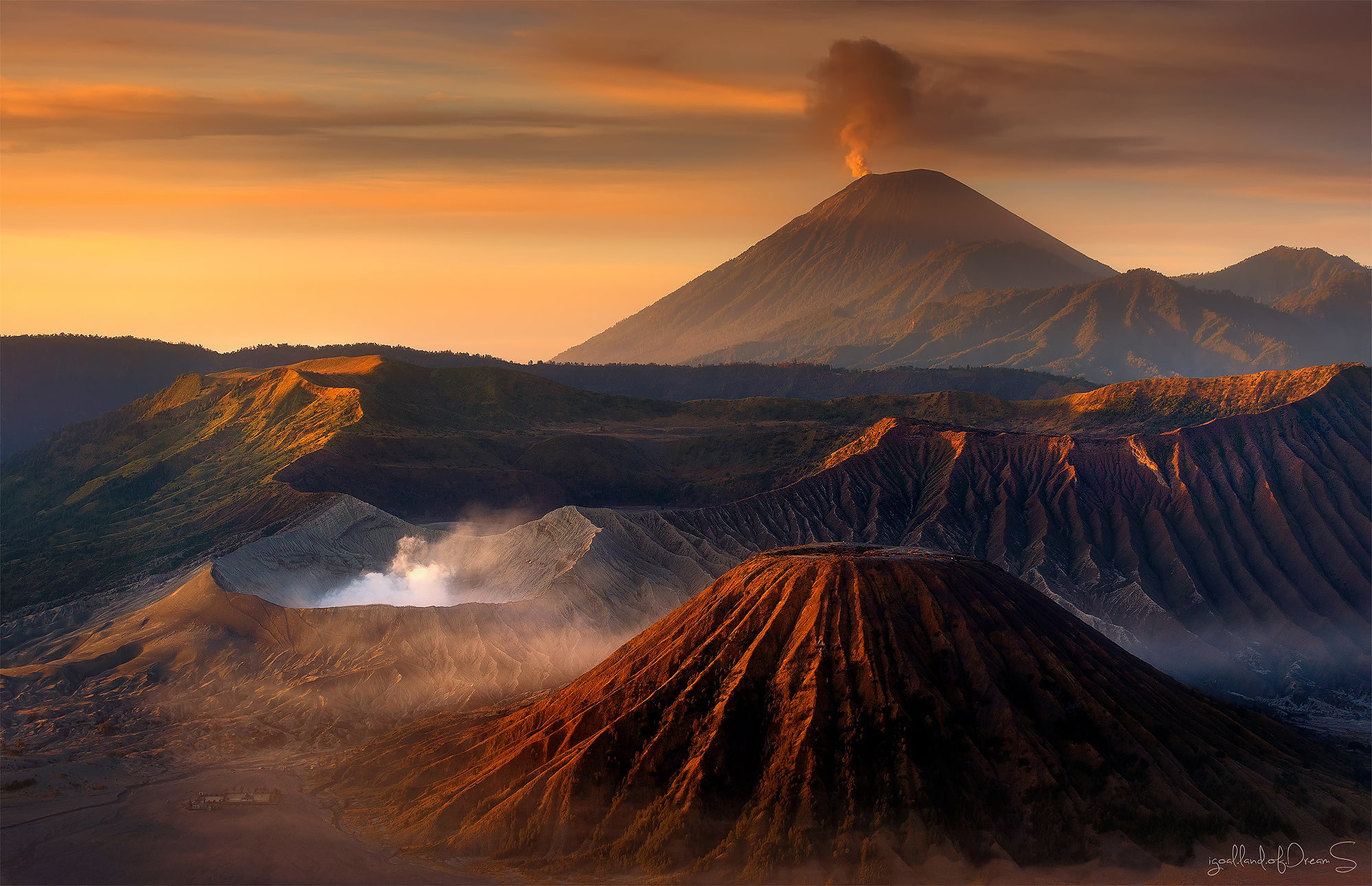 the sky, mountains, sunset, green, clouds, Indonesia, volcanic complex-the Caldera TenGer, brown, active volcano Bromo, Tengger, Java, 1080P, HD Wallpaper