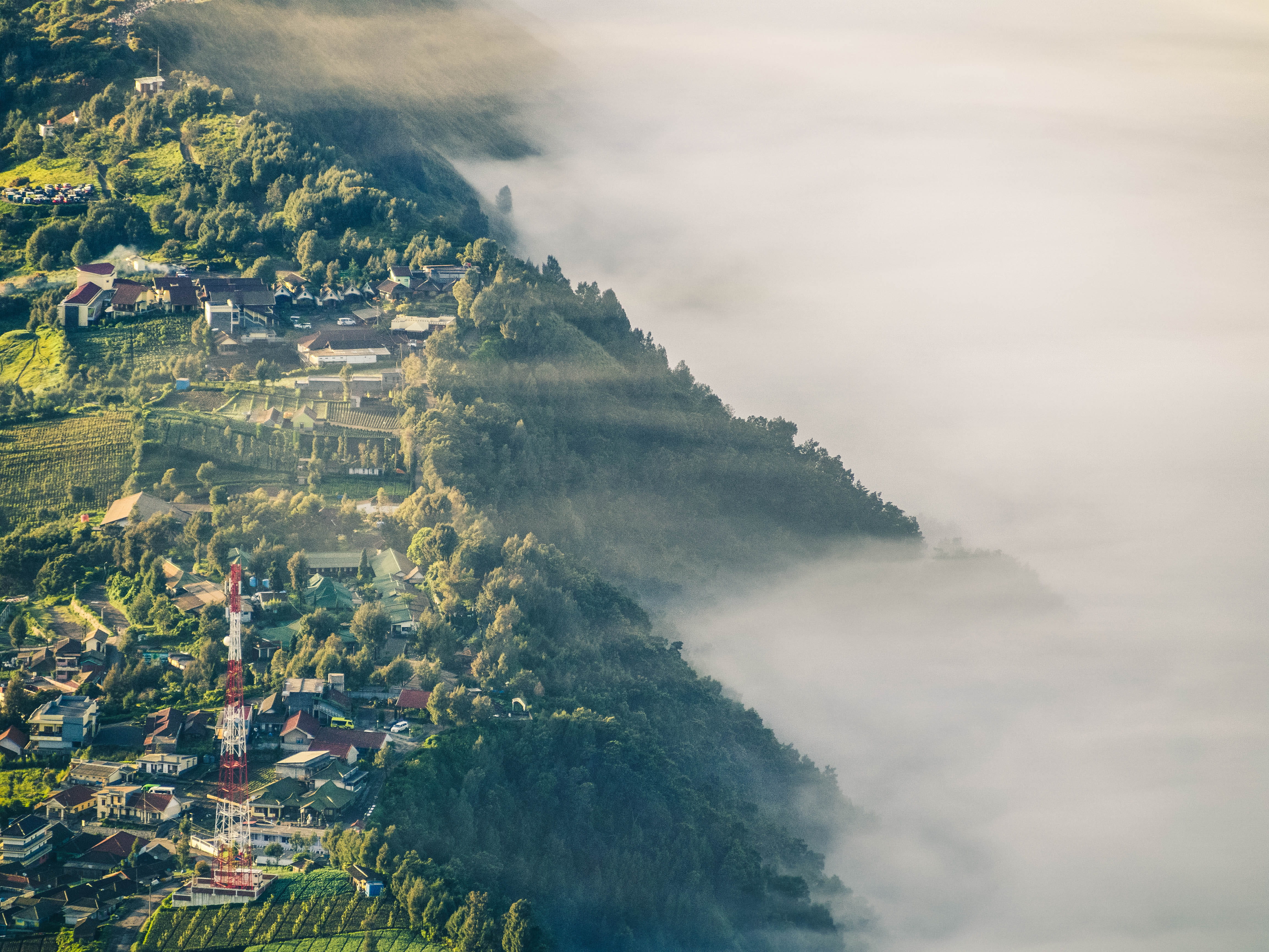 sky, foggy, tranquil scene, outdoors, aerial, building exterior, scenery, environment, tranquility, scenics - nature, homestay, beauty in nature, view point, HD Wallpaper