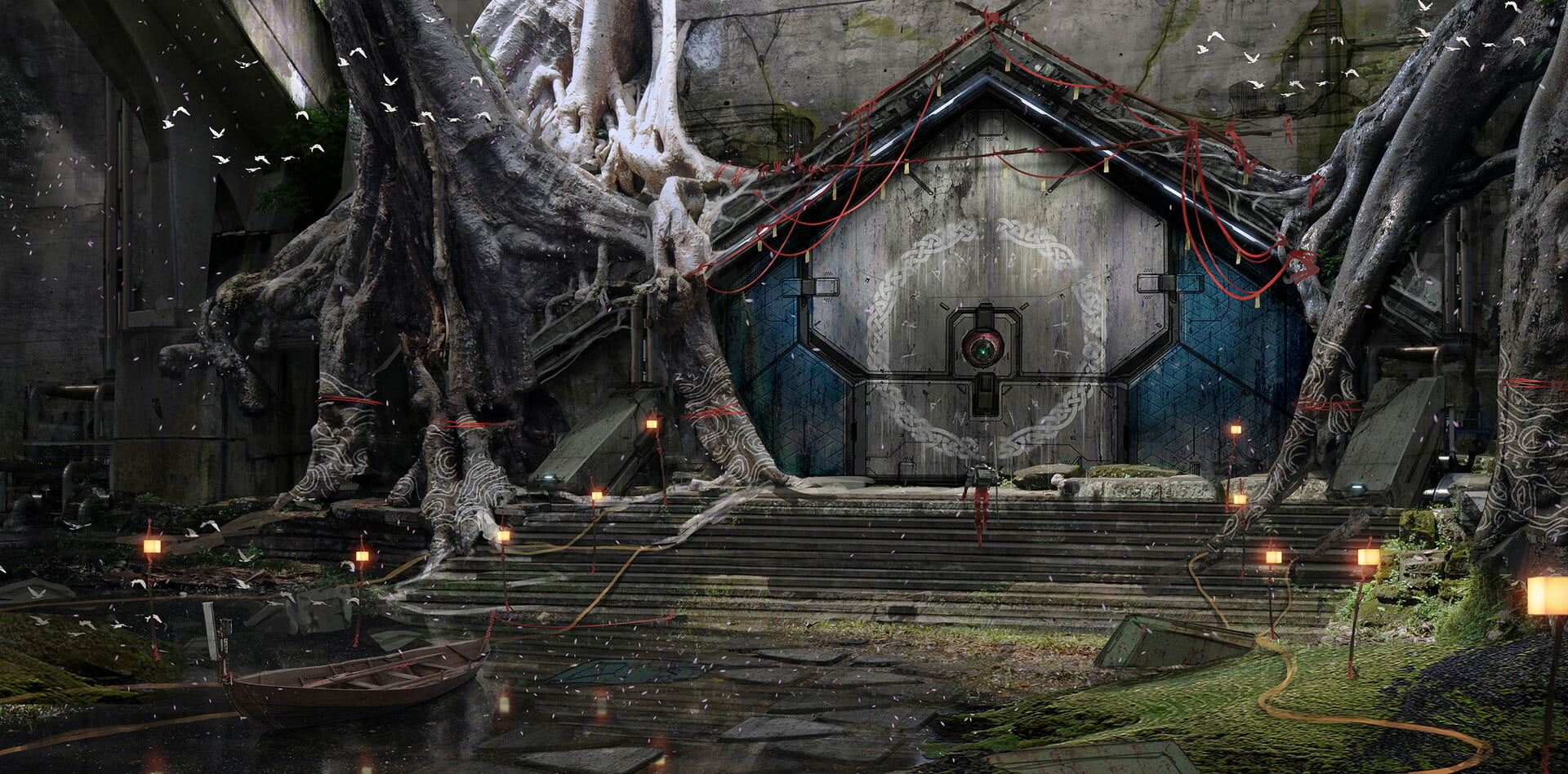 sparks, Yggdrasil, roots, science fiction, drawing, gates, 1080P, tree bark, mythology, branch, trees, door, HD Wallpaper