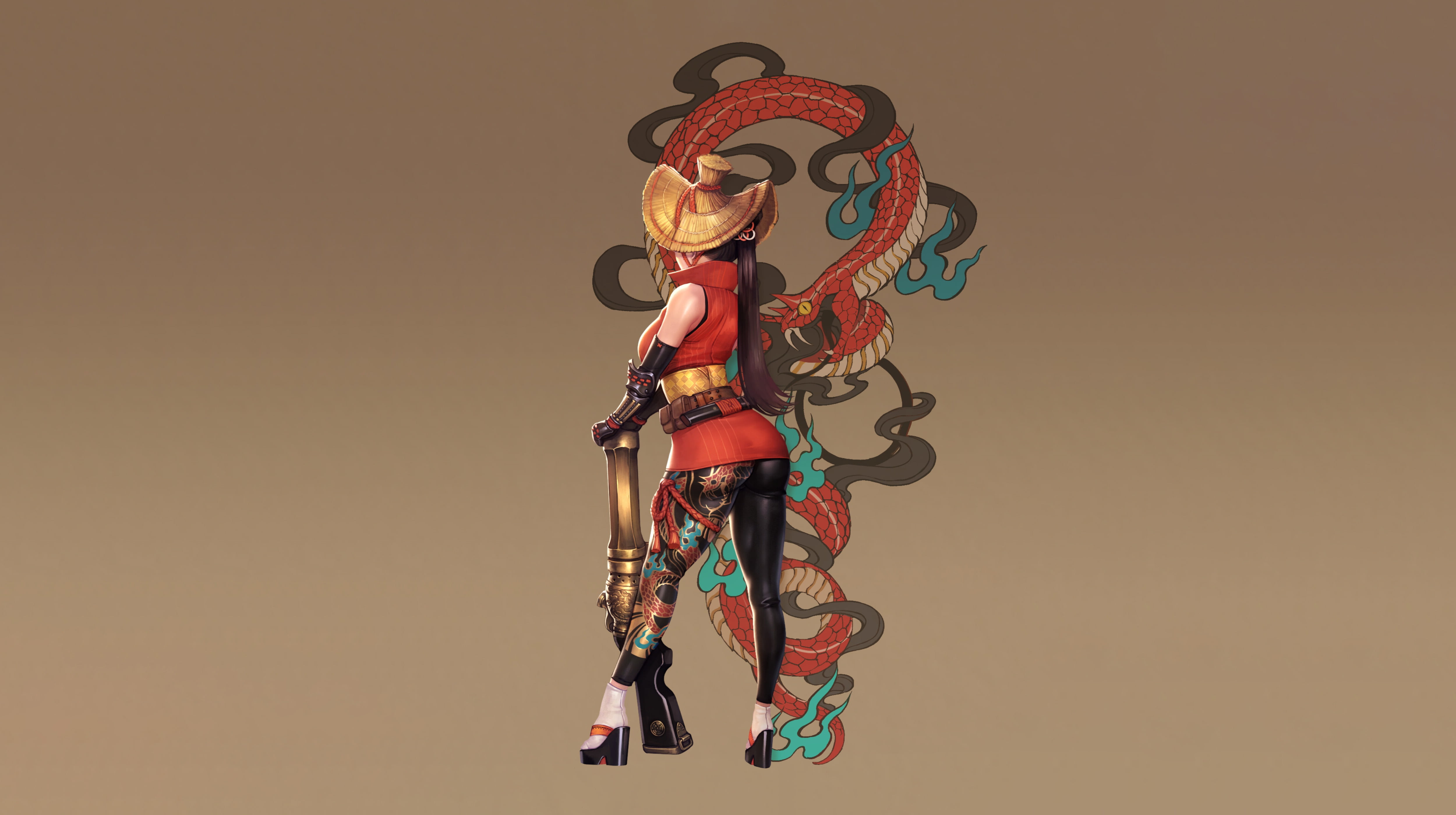 Weapon, Art, Figure, Samurai, Salamander, Minimalism, Background, Ren Wei Pan, Gun, Snake, Sexy, 4K, Girl, Body, Character, Japan, Fantasy, Style, Illustration, HD Wallpaper