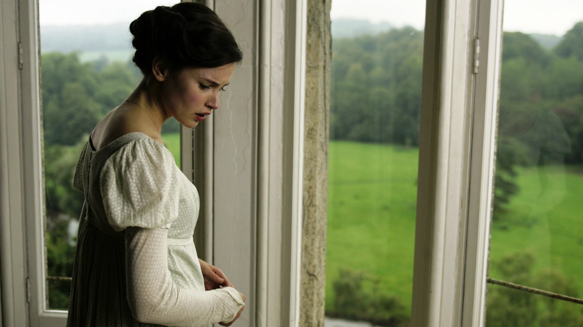 contemplation, Northanger Abbey, young adult, anticipation, brunette, leaning, three quarter length, window, actress, depression - sadness, emotion, looking, HD Wallpaper