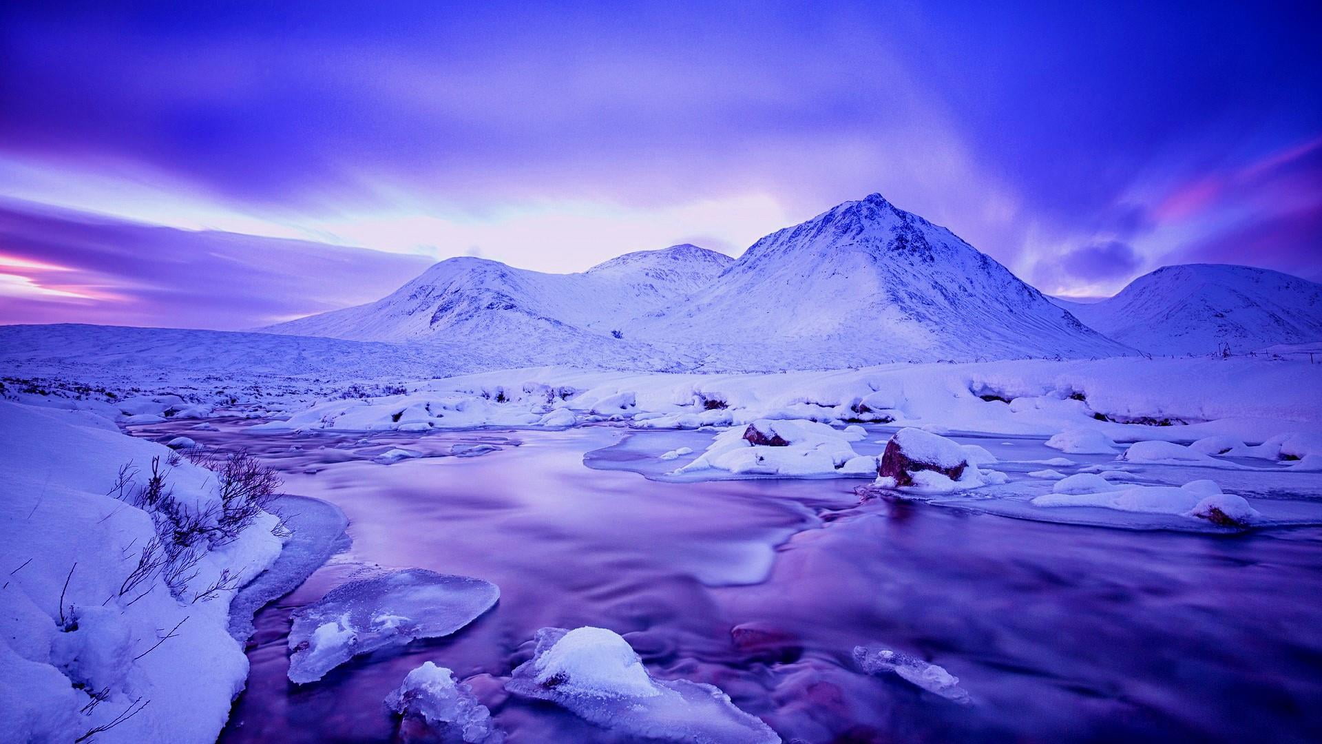 cold temperature, tranquility, cloud - sky, winter, water, mountains, beauty in nature, frozen, landscape, ice, travel destinations, lagoon, sron na creise, HD Wallpaper