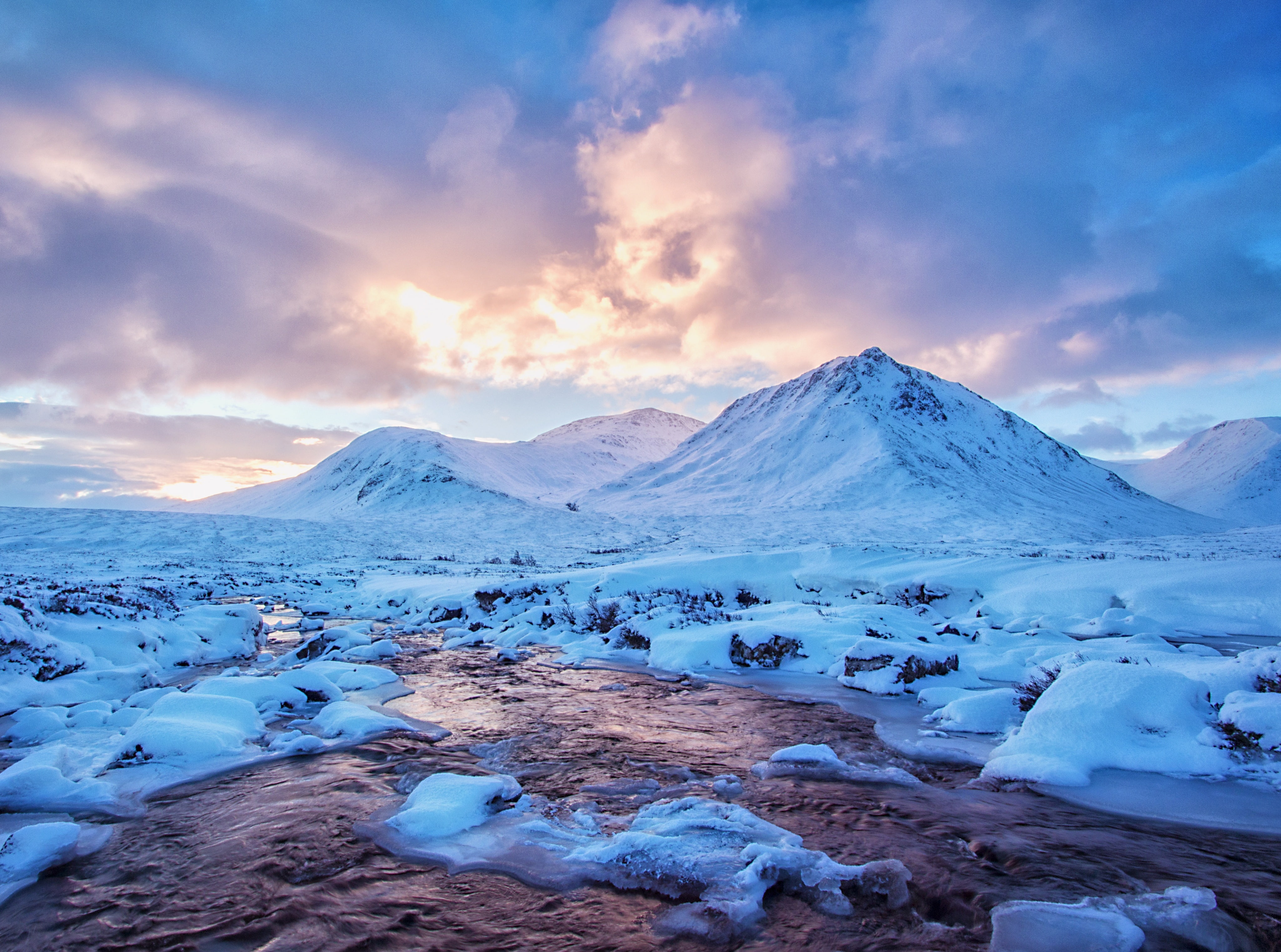 Scotland, astonishing, United Kingdom, Winter, mountain peak, lagoon, rivercoupall, blackmount, frozen, Outstanding, marvelous, 4K, Impressive, glacier, HD Wallpaper