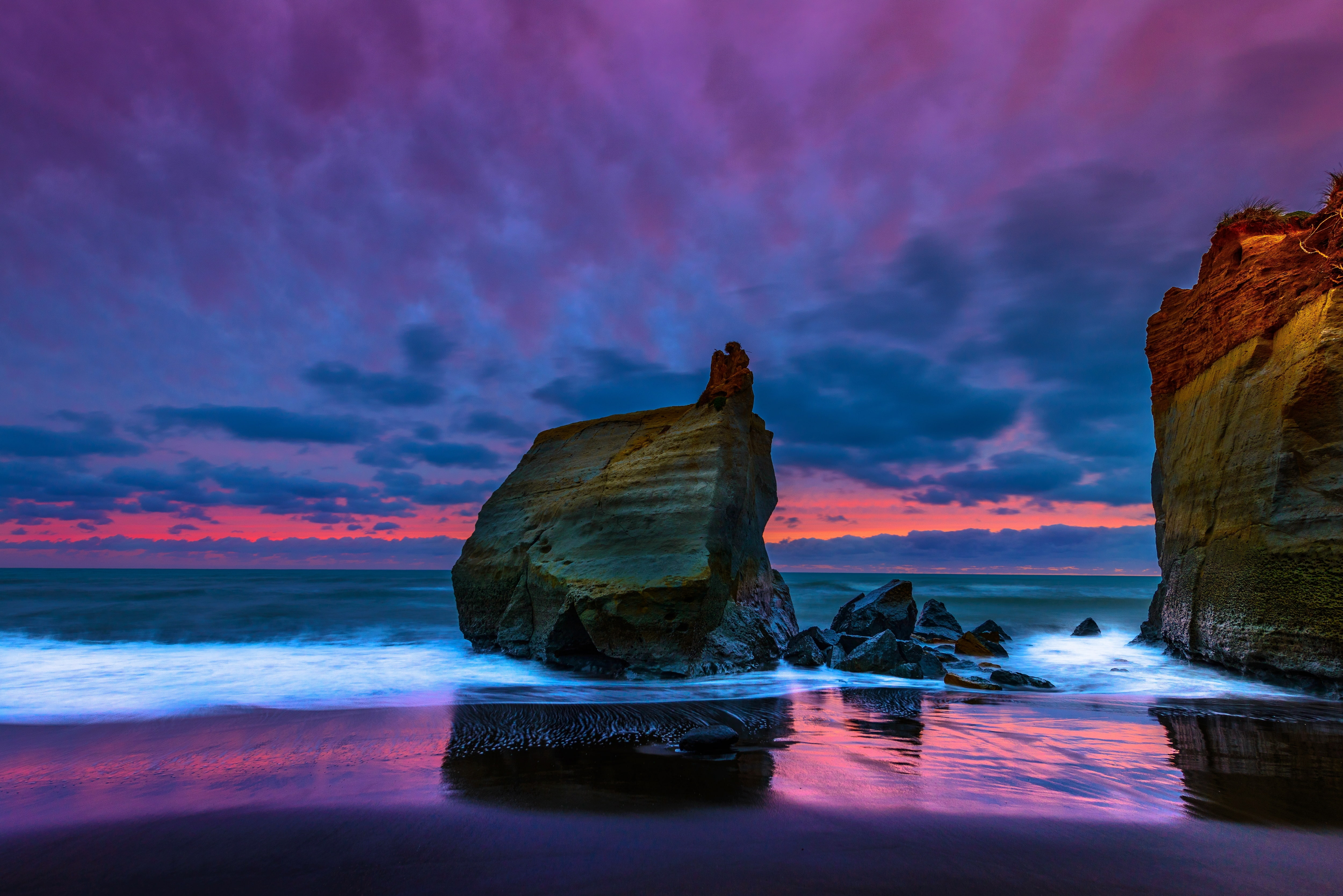 The Tasman sea, rocks, 4K, sunset, sea, Taranaki, Tasman Sea, New Zealand, Waipipi Beach, HD Wallpaper