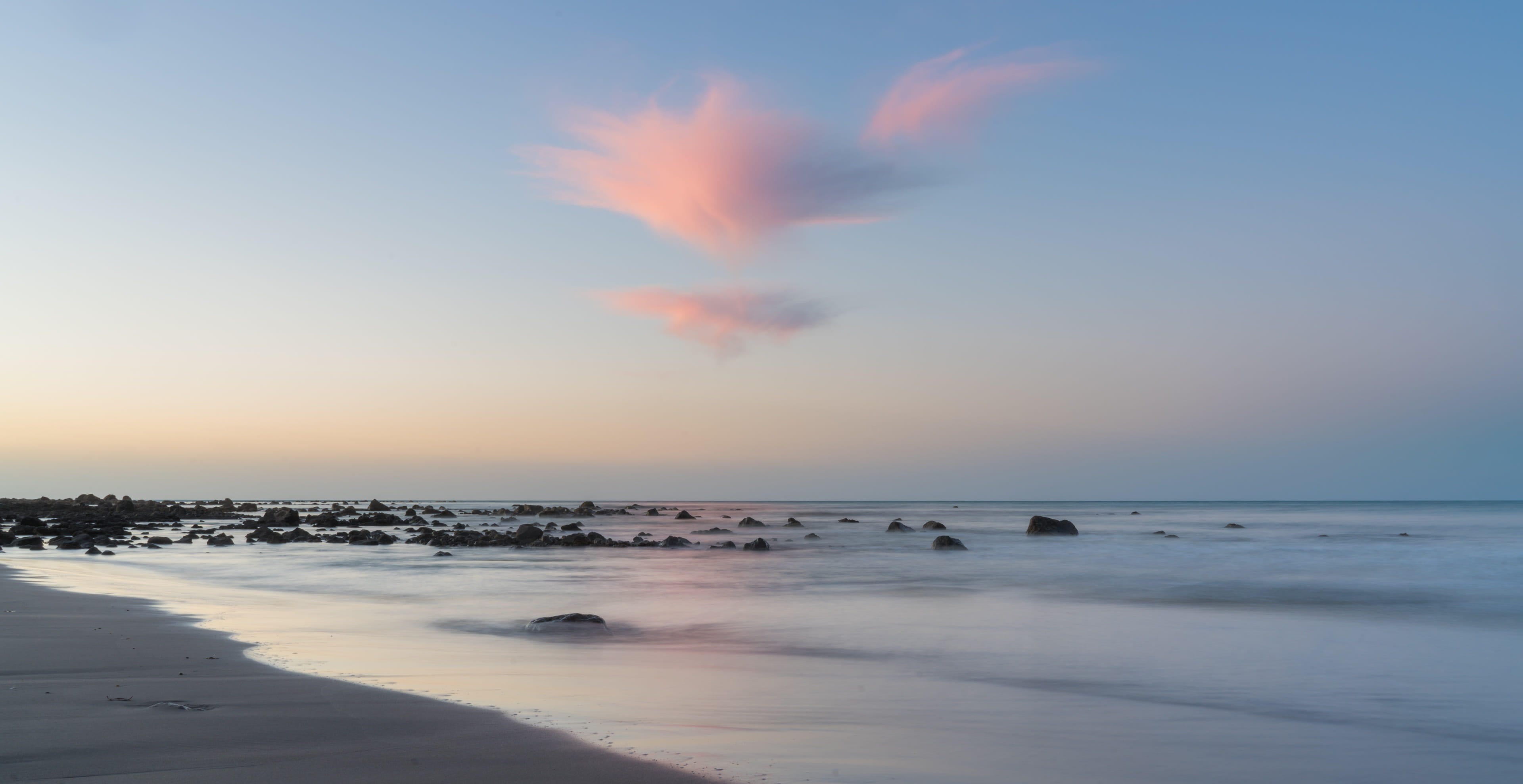 travel, tranquil scene, beauty in nature, sky, orange color, water, dusk, land, idyllic, motion, new plymouth, landscape, taranaki, beach, coast, nature, HD Wallpaper