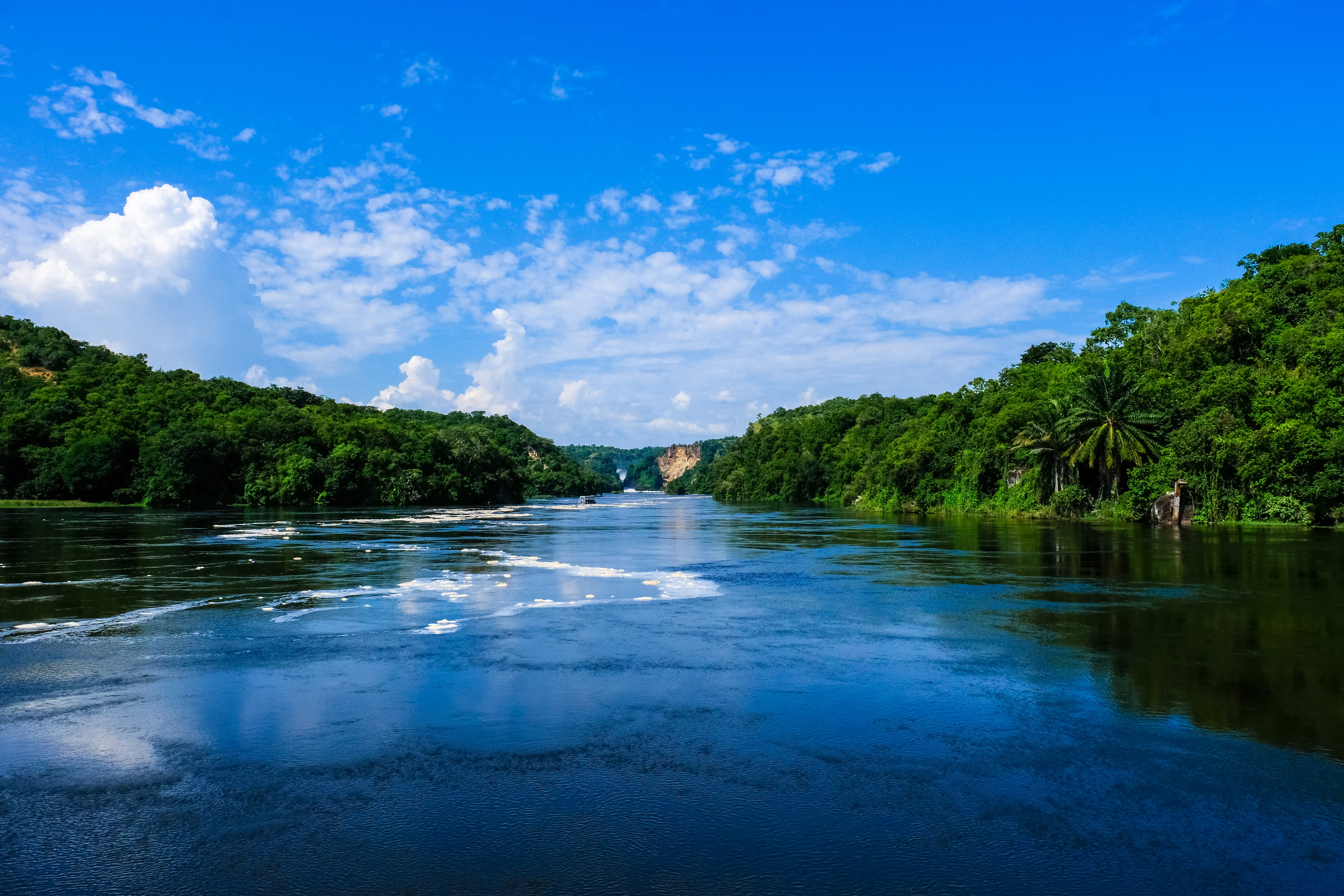 blue, reflection, travel, nature, day, river, hot spring, sky, no people, 5K, beauty in nature, cloud - sky, falls, water, blue sky, waterfront, land, HD Wallpaper