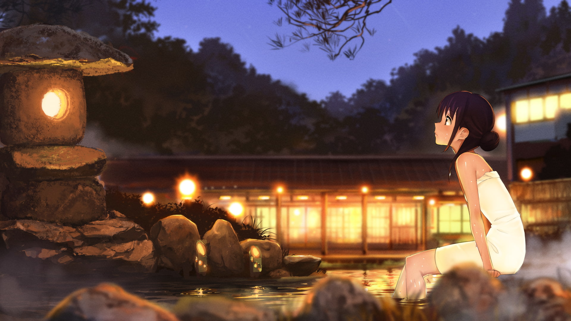 hot spring, 1080P, anime girls, HD Wallpaper