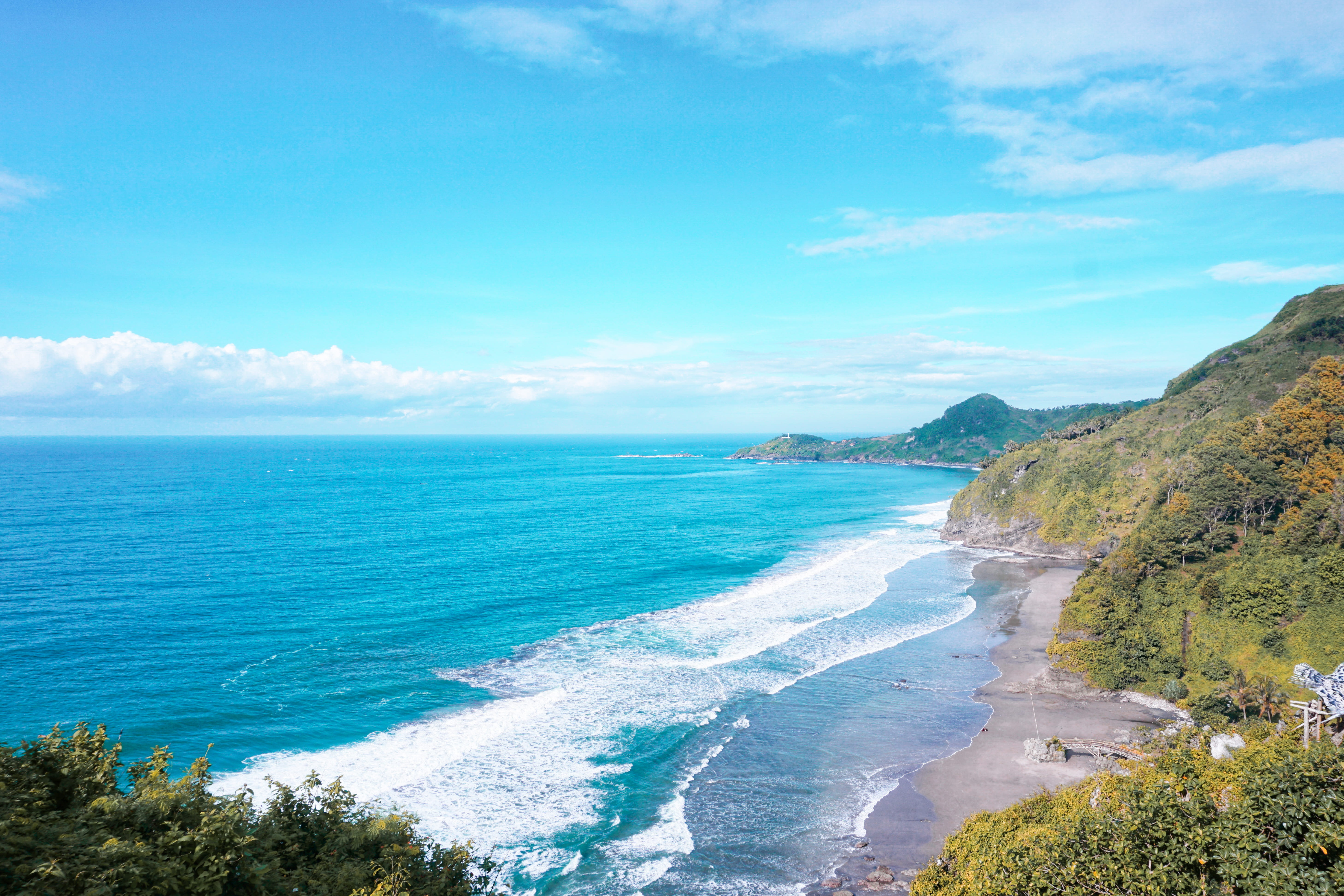 indonesia, tourism, cloud - sky, nature, ocean, 5K, hill, day, beach, idyllic, water, sky, tranquility, wave, land, beauty in nature, sea, tranquil scene, HD Wallpaper