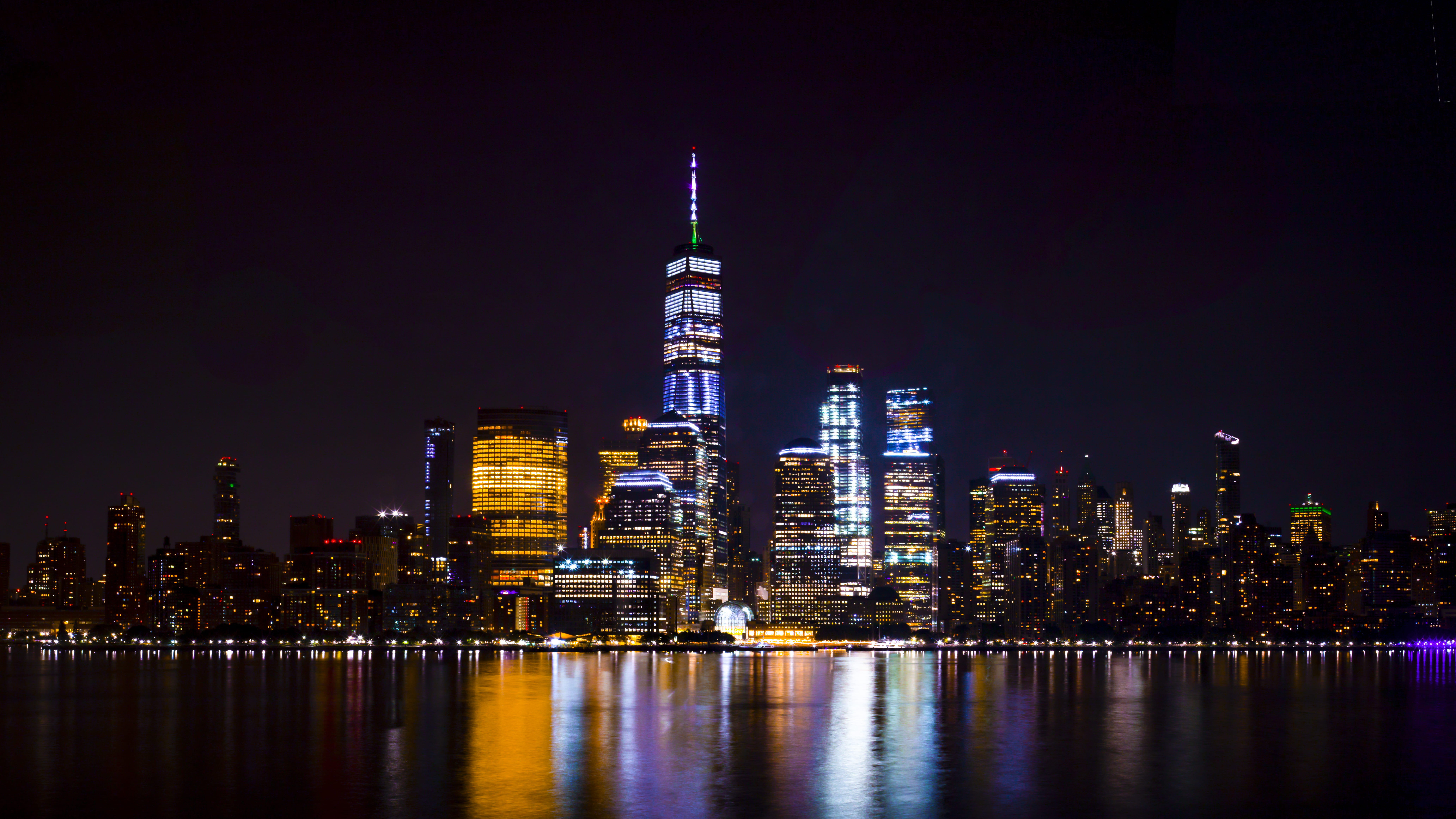 outdoors, architecture, sky, nightlife, financial district, travel destinations, 8K, jersey city, waterfront, built structure, night, office building exterior, HD Wallpaper