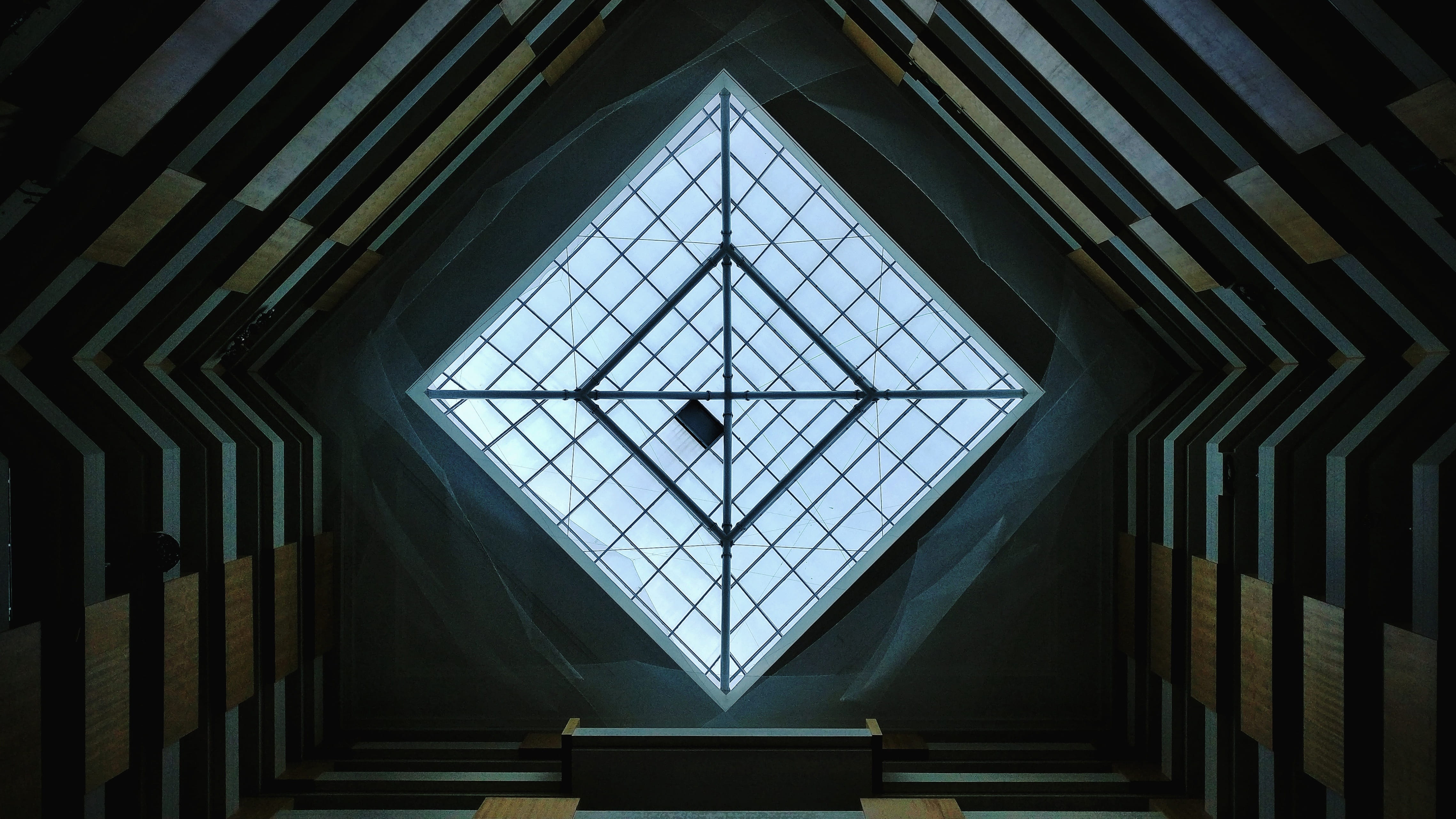 no people, window, transparent, chennai, directly below, triangle shape, architecture and art, glass, hotel ceiling, india, pattern, building, day, indoors, HD Wallpaper