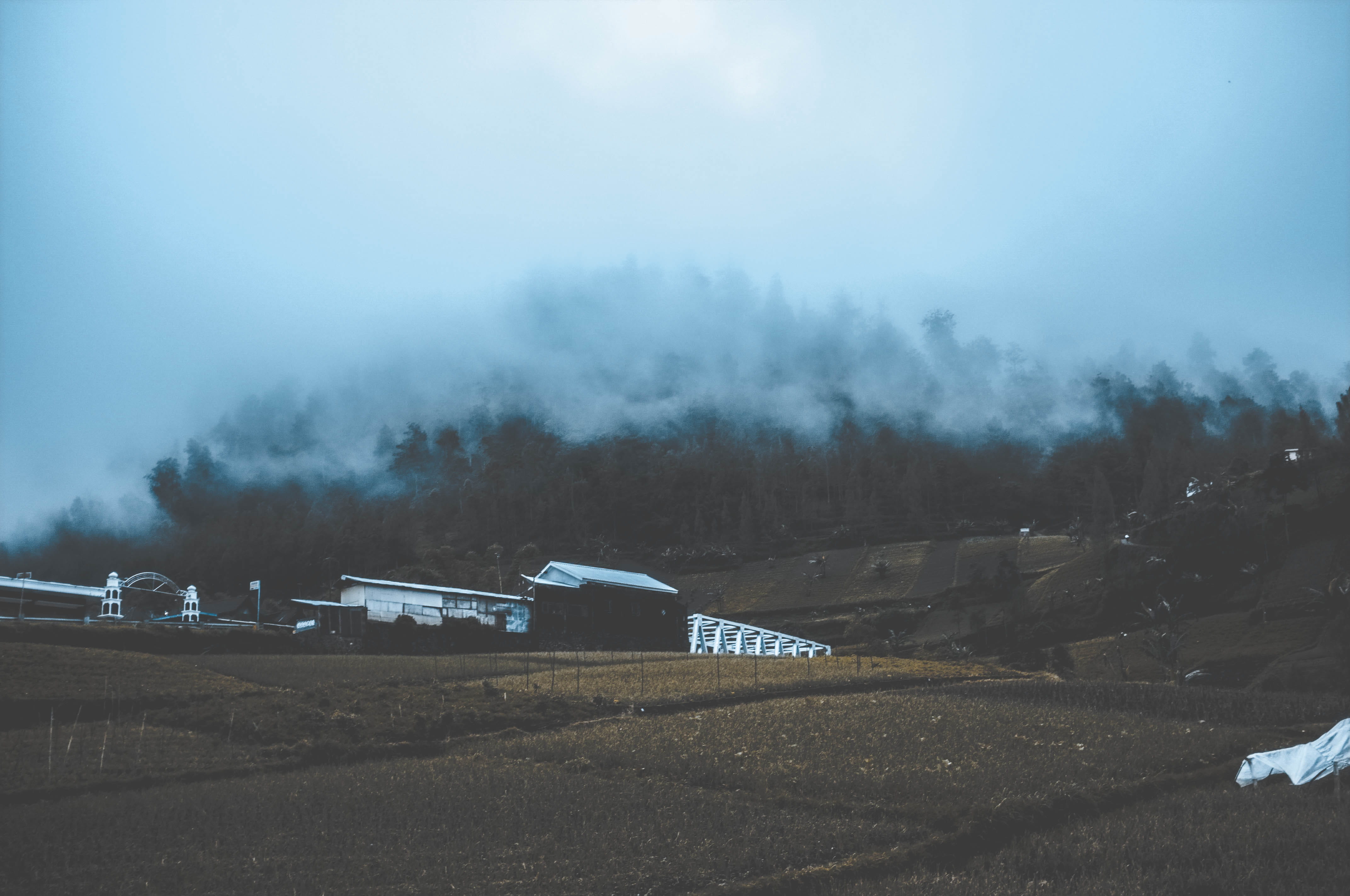fog, farm, kendal regency, mountain, nature, sky, trees, scenics - nature, transportation, landscape, land, wet, beauty in nature, plant, outdoors, no people, HD Wallpaper