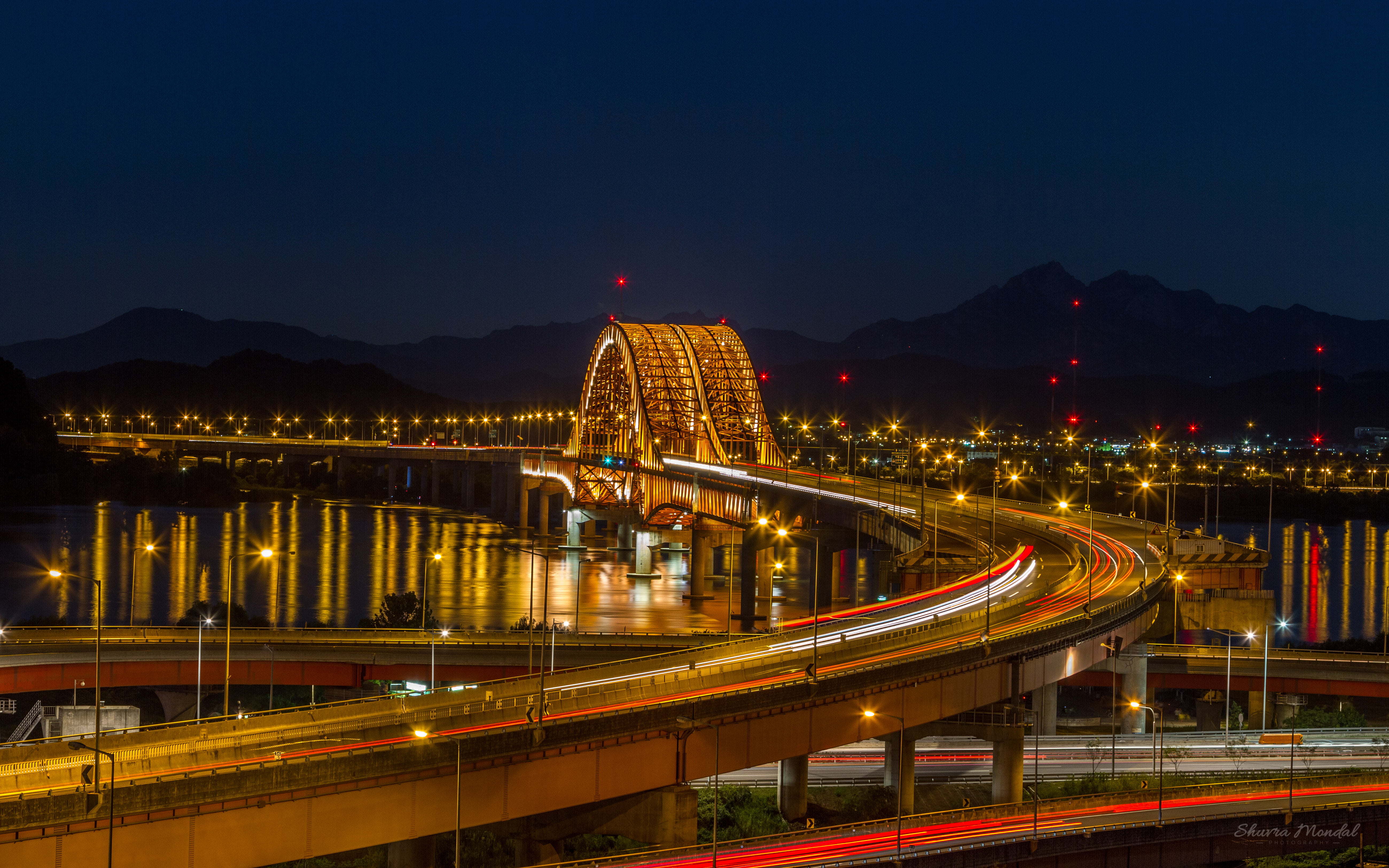 seoul, illuminated, light trail, banghwa, water, km, 5K, architecture, city, speed, bridge - man made structure, nature, connection, desktop, HD Wallpaper