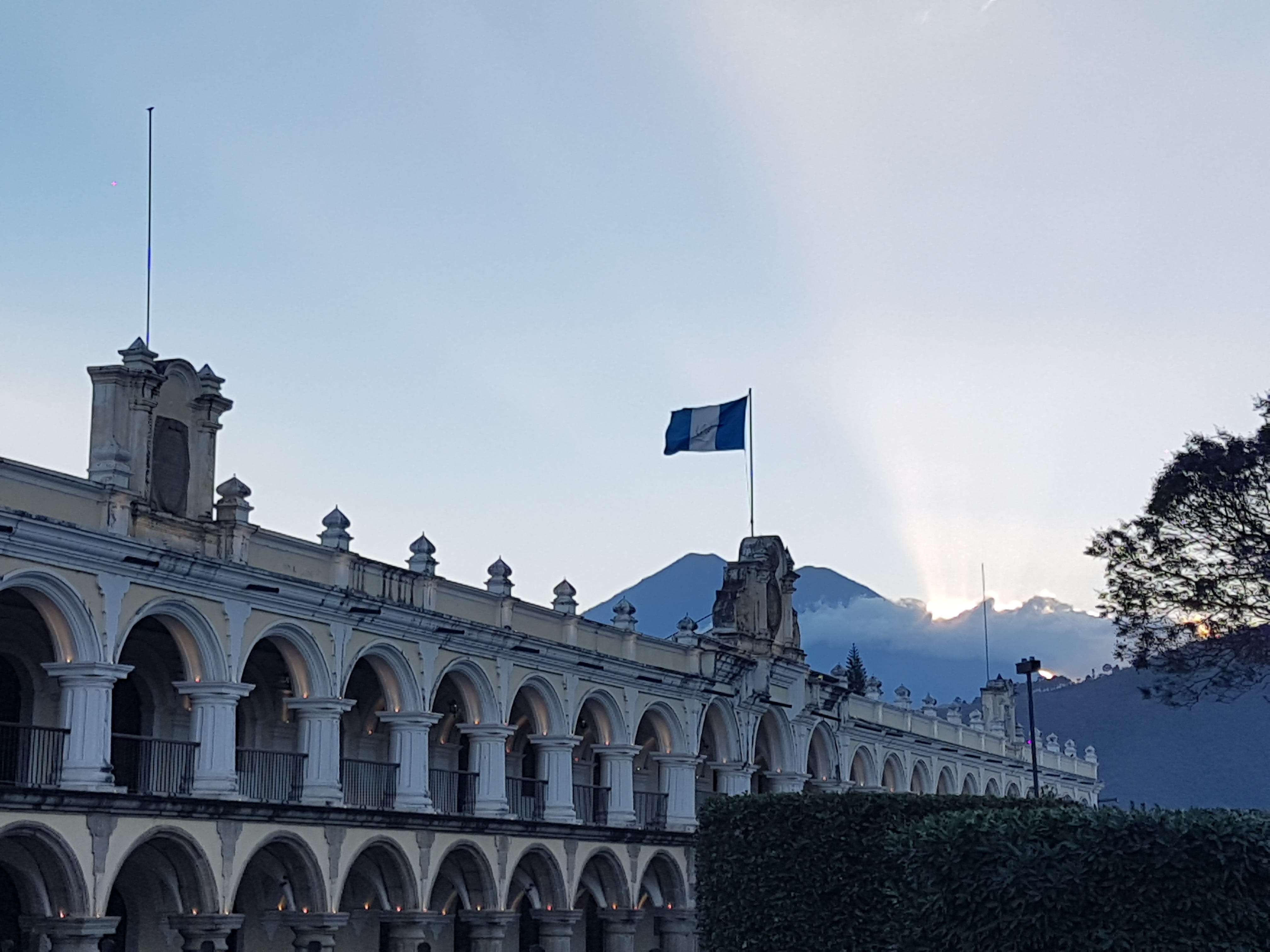 patriotism, sky, low angle view, sunset, city, history, no people, guatemala, nature, travel, clear sky, flag, government, building exterior, 4K, architectural column, HD Wallpaper