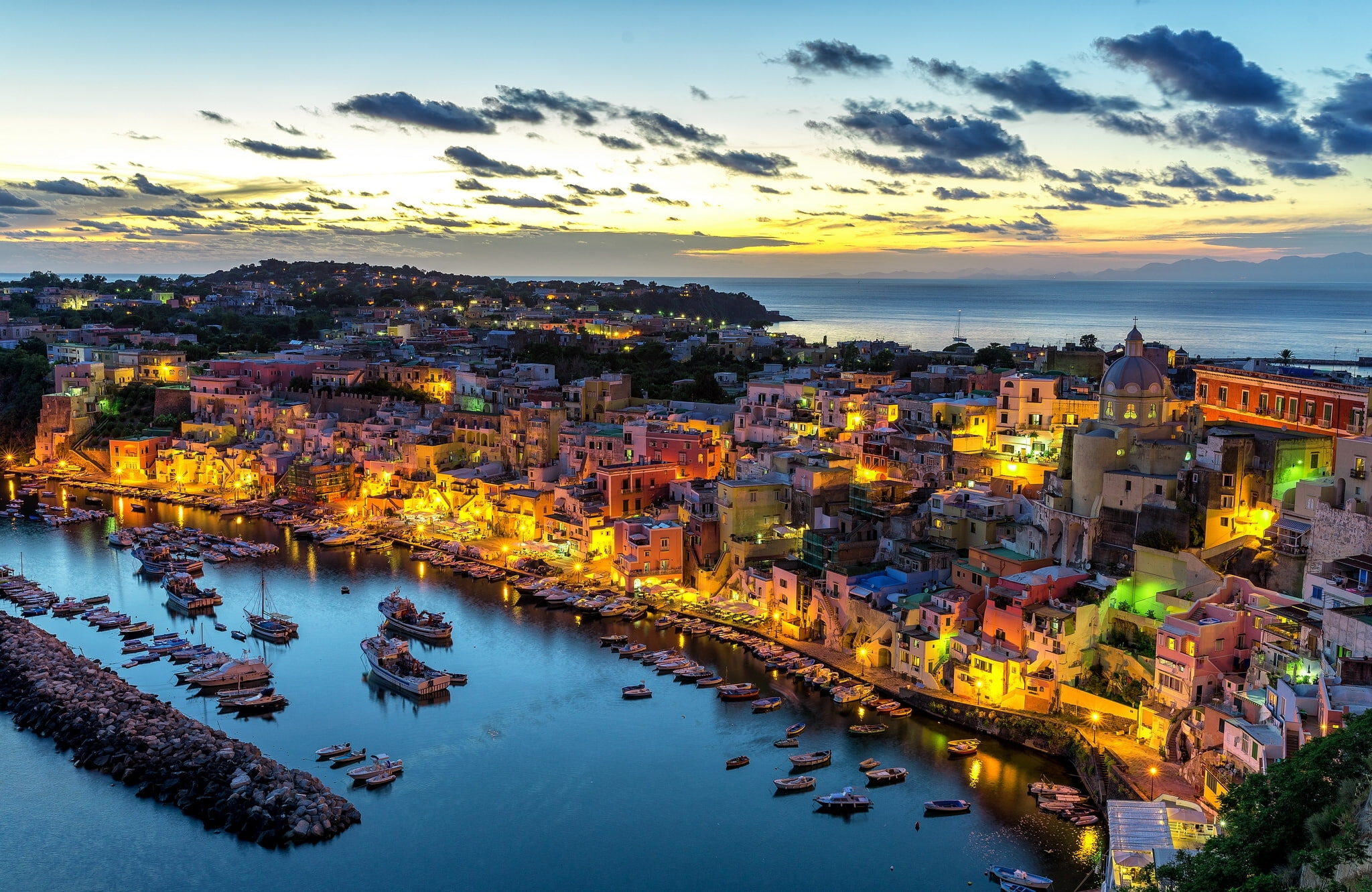 cloud - sky, Corricella, port, cityscape, harbour, residential district, 1080P, dusk, promenade, illuminated, The Bay of Naples, the island of Procida, HD Wallpaper