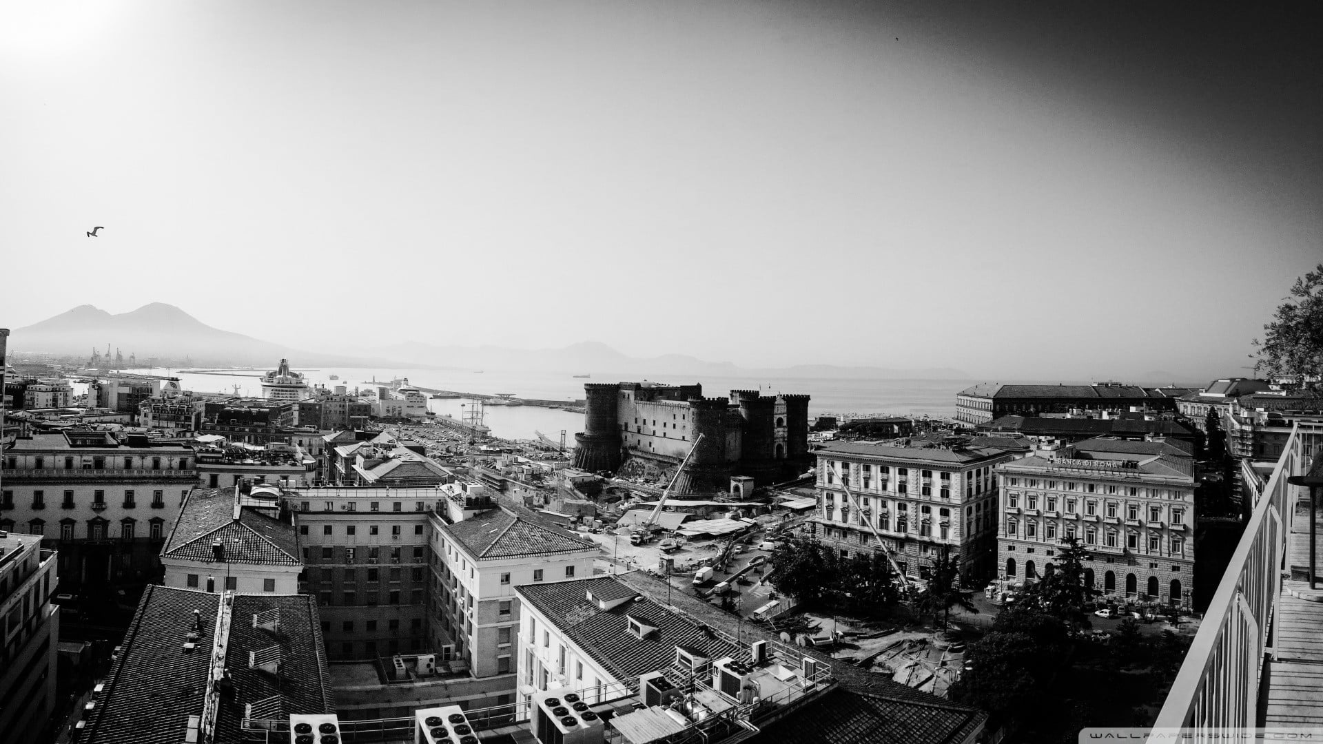 nature, outdoors, grayscale, Napoli, volcano, building, travel destinations, city, sky, 1080P, crowd, architecture, clear sky, residential district, cityscape, HD Wallpaper