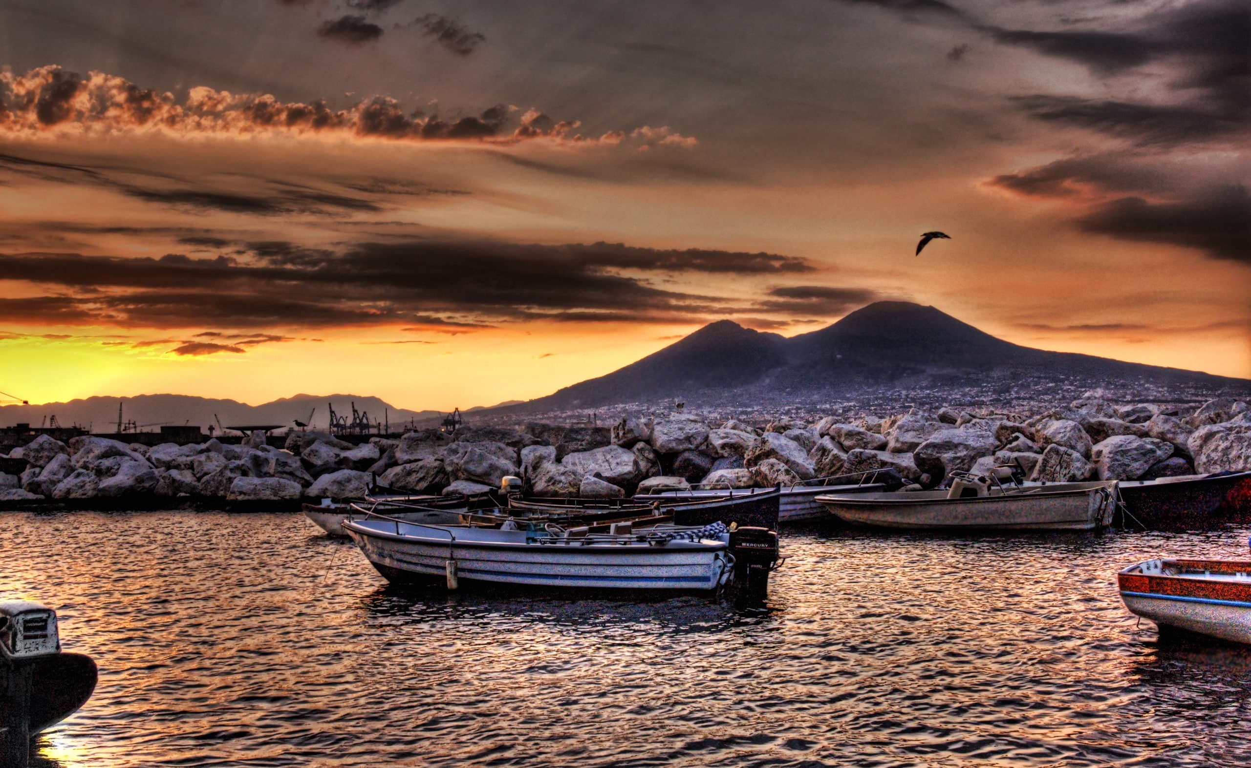 Italy, Europe, tranquility, 2K, mountain, boat, sky, water, orange color, vertebrate, mode of transportation, nautical vessel, mountain range, no people, HD Wallpaper