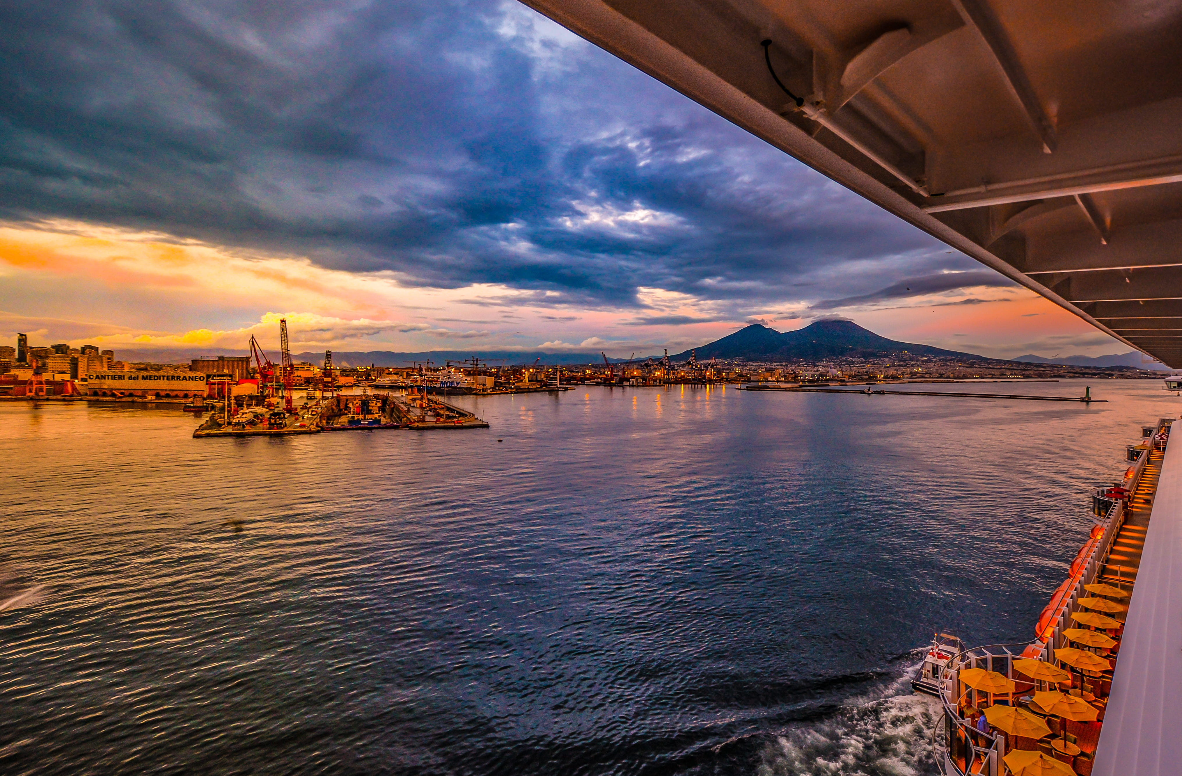 no people, Sea, Volcano, 4K, nature, ship, clouds, angle, urban Skyline, mediterranean, architecture, water, sunlight, travel, body, commercial Dock, city, HD Wallpaper
