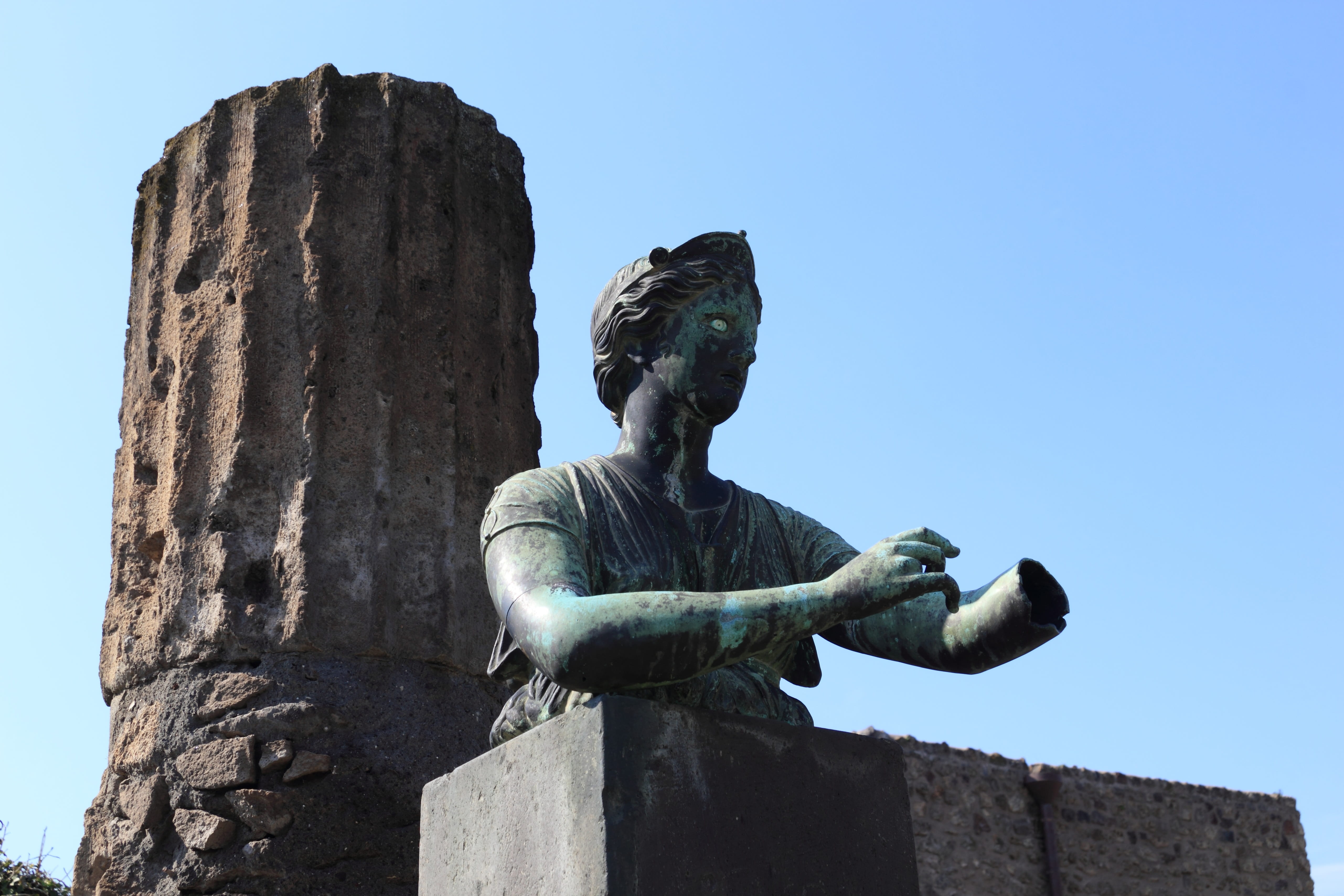 architecture, no people, day, statue, representation, blue, 5K, art and craft, history, pompei, creativity, nature, vesuvius, human representation, roman, HD Wallpaper