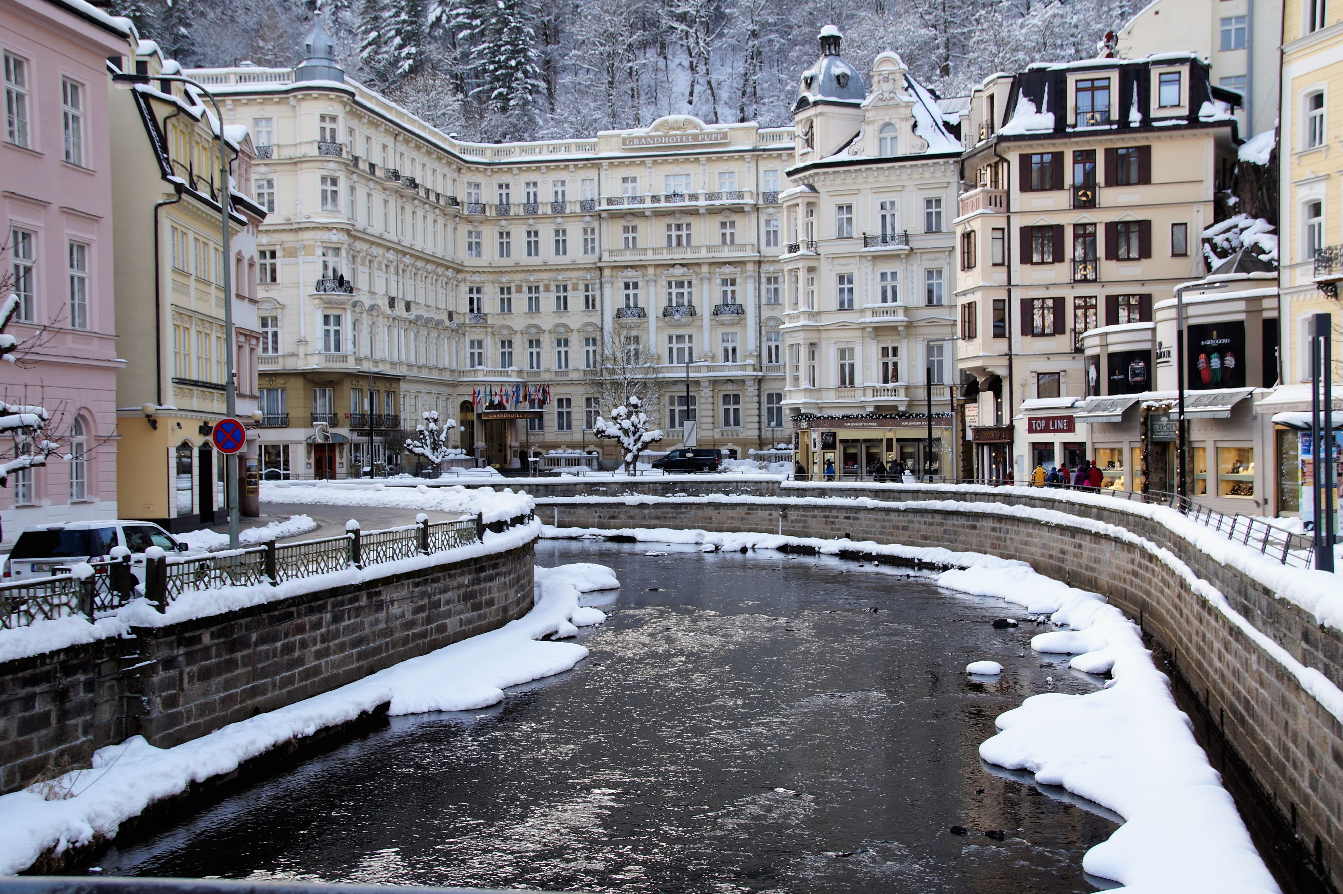 europe, River, czech republic, winter, famous, spa, urban Scene, Karlovy Vary, transportation, building, city, grand hotel, snow, known, street, built structure, HD Wallpaper
