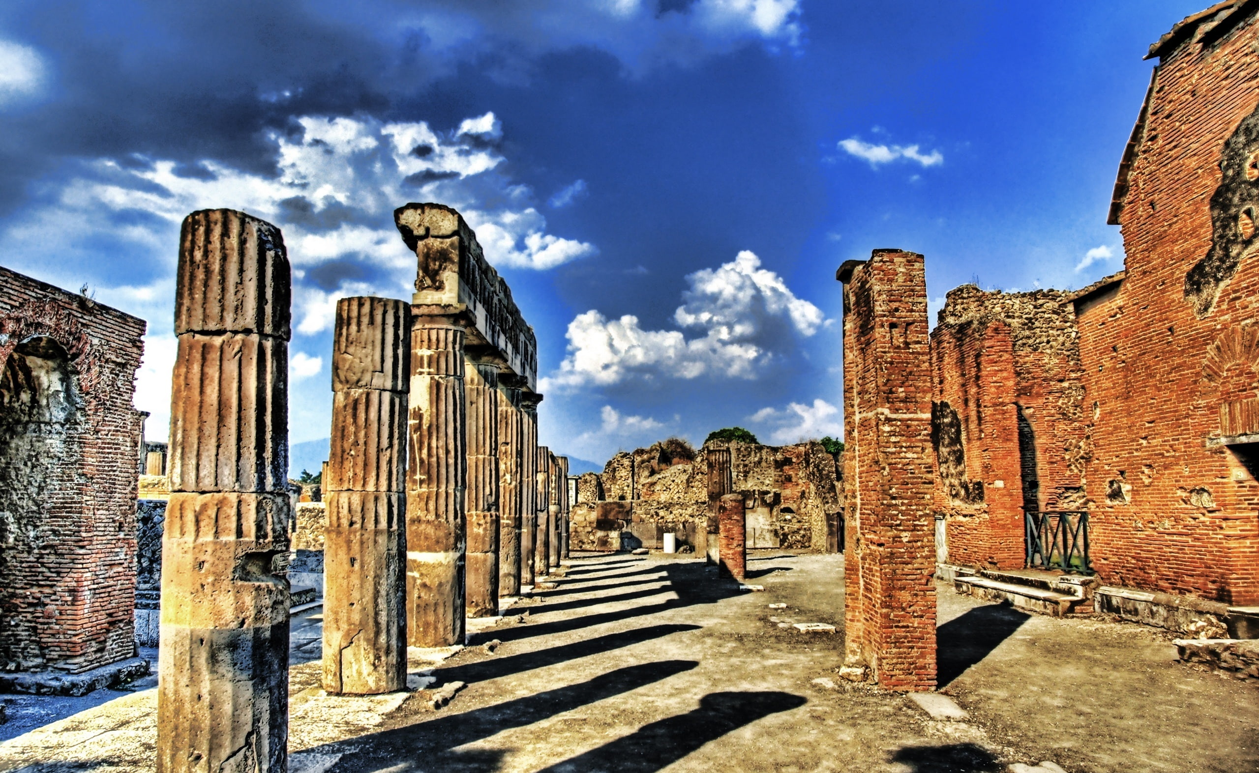 architecture, ancient, cloud - sky, nature, pompeii, history, ancient history, built structure, skies, Italy, day, brown, pillars, sunlight, blue, building, HD Wallpaper