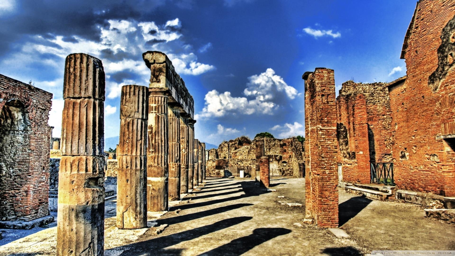 ancient, 1080P, brown, skies, nature and landscapes, clouds, pillars, pompeii, concrete, blue, ruins, hdr, HD Wallpaper