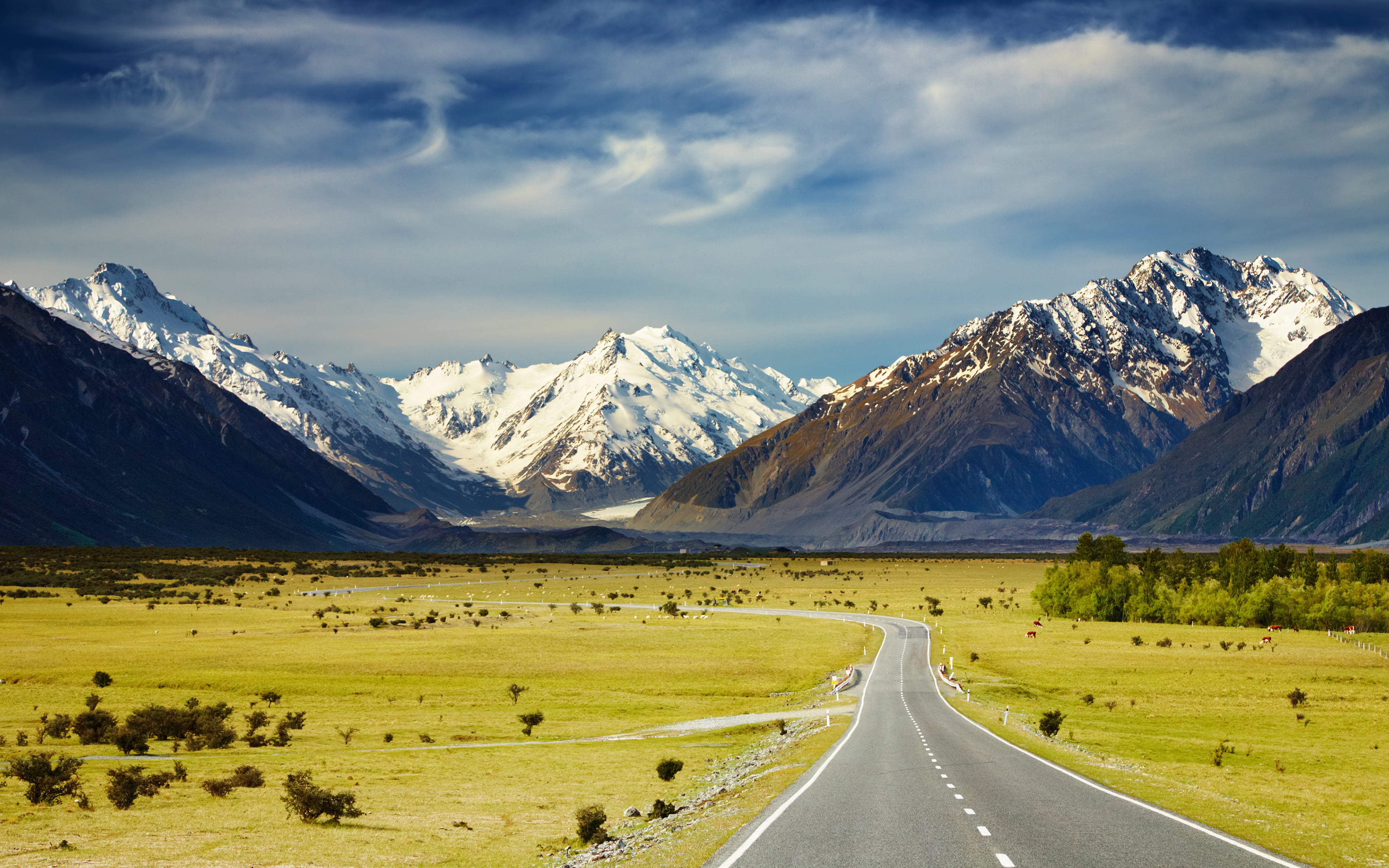 4K, land, pukaki, beauty in nature, sky, widescreen, outdoors, hd, park, winter, the way forward, road, cold temperature, mountain, diminishing perspective, HD Wallpaper