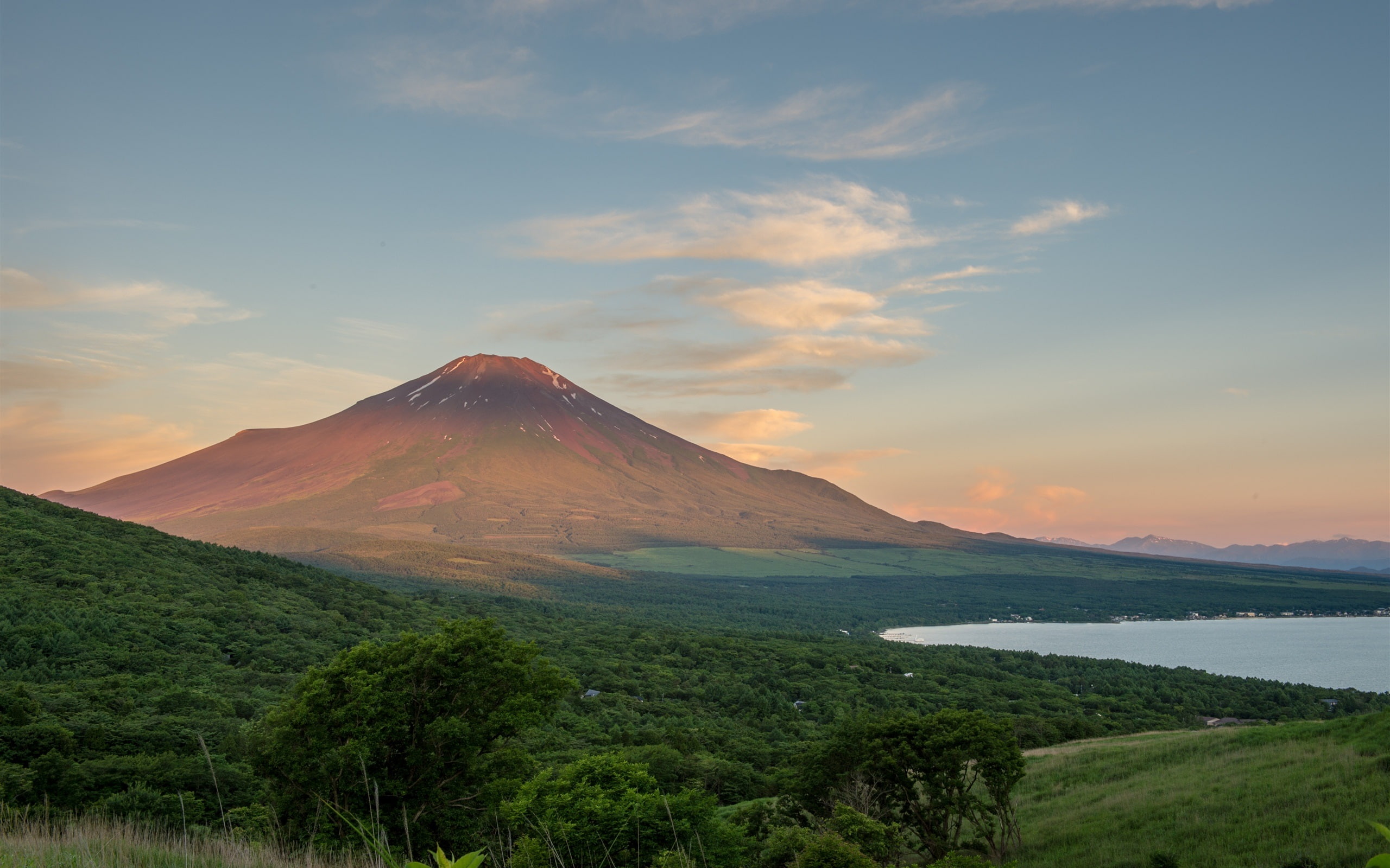 Dusk, Clouds, Mountain, Fuji, brown, volcano, Trees, Japan, Lake, 2K, HD Wallpaper