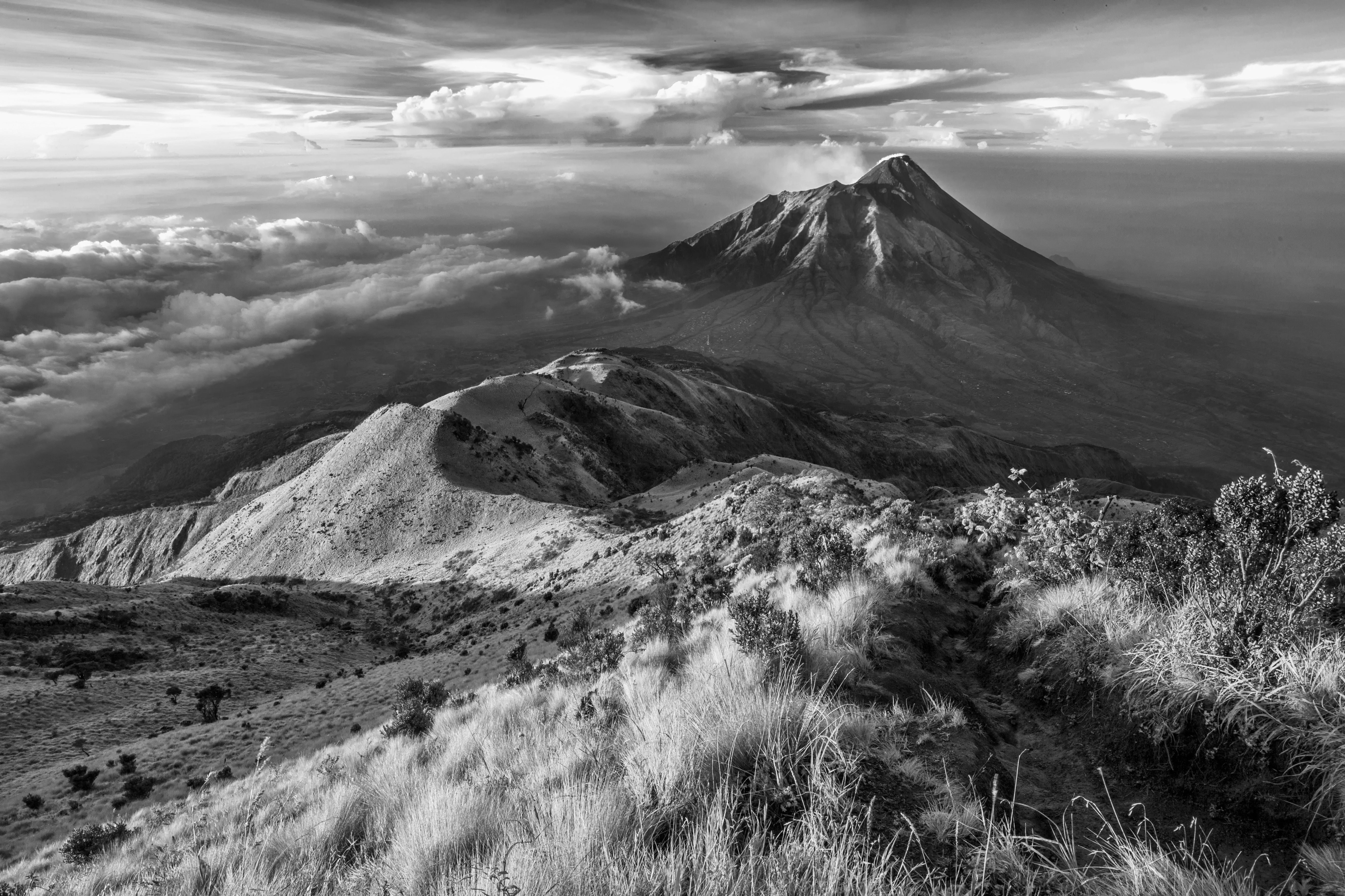 landscape, mountain peak, grass, java island, scenics - nature, clouds, day, photography, sky, physical geography, grayscale, mountain range, cloud - sky, HD Wallpaper
