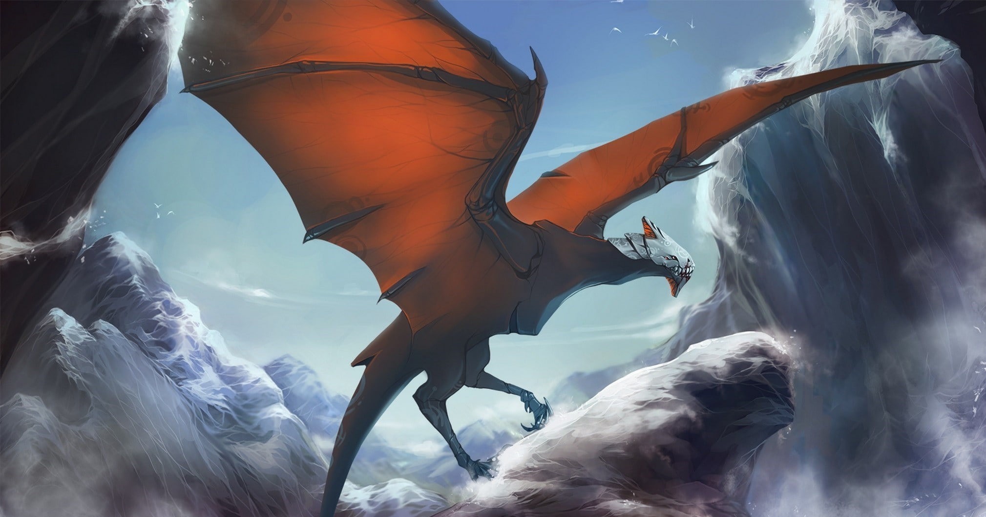 outdoors, sunlight, water, sky, artwork, swimming, animals in the wild, 1080P, animal wildlife, cold temperature, white color, low angle view, Wyvern, HD Wallpaper