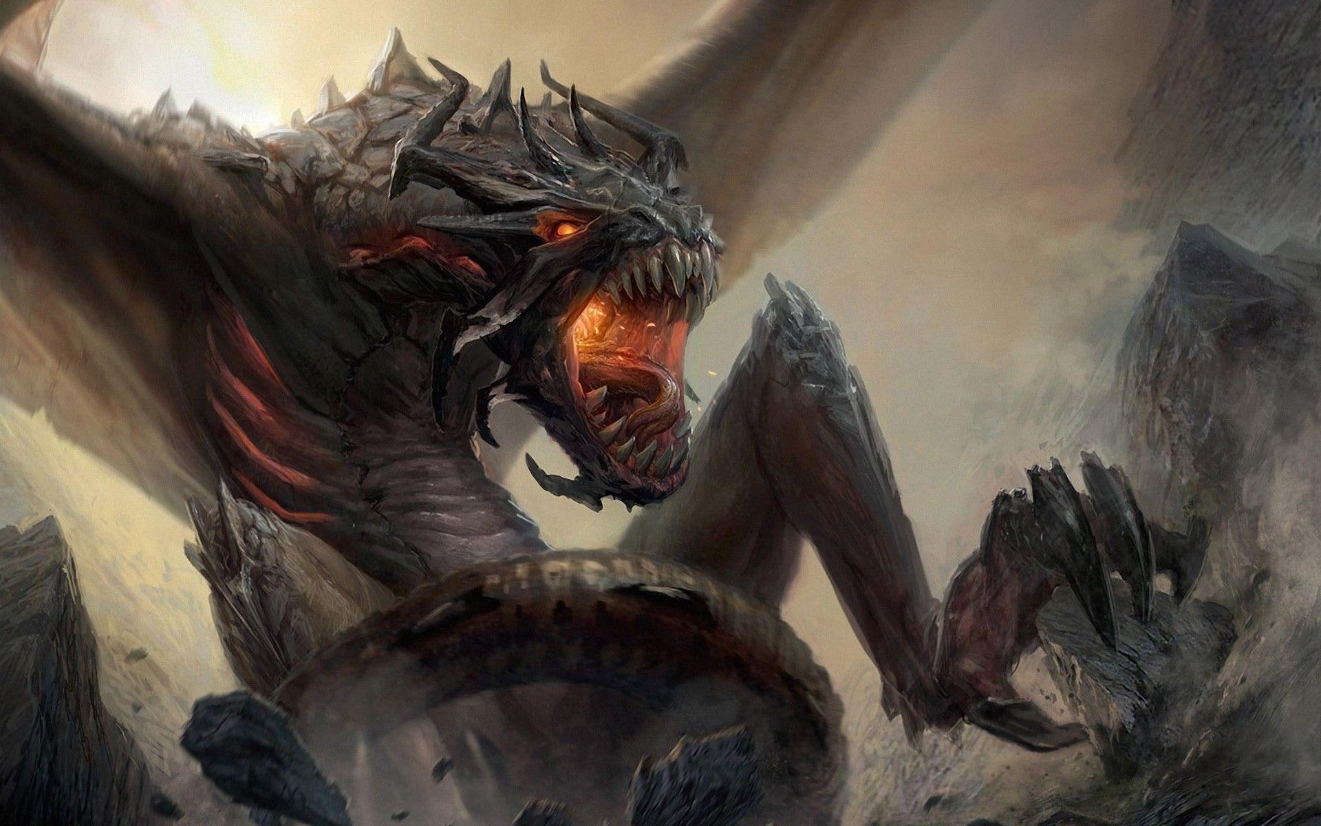 creature, wyvern, game, 1080P, illustration, 1920x1200, attacking, monster, gray, wing, fantasy, HD Wallpaper
