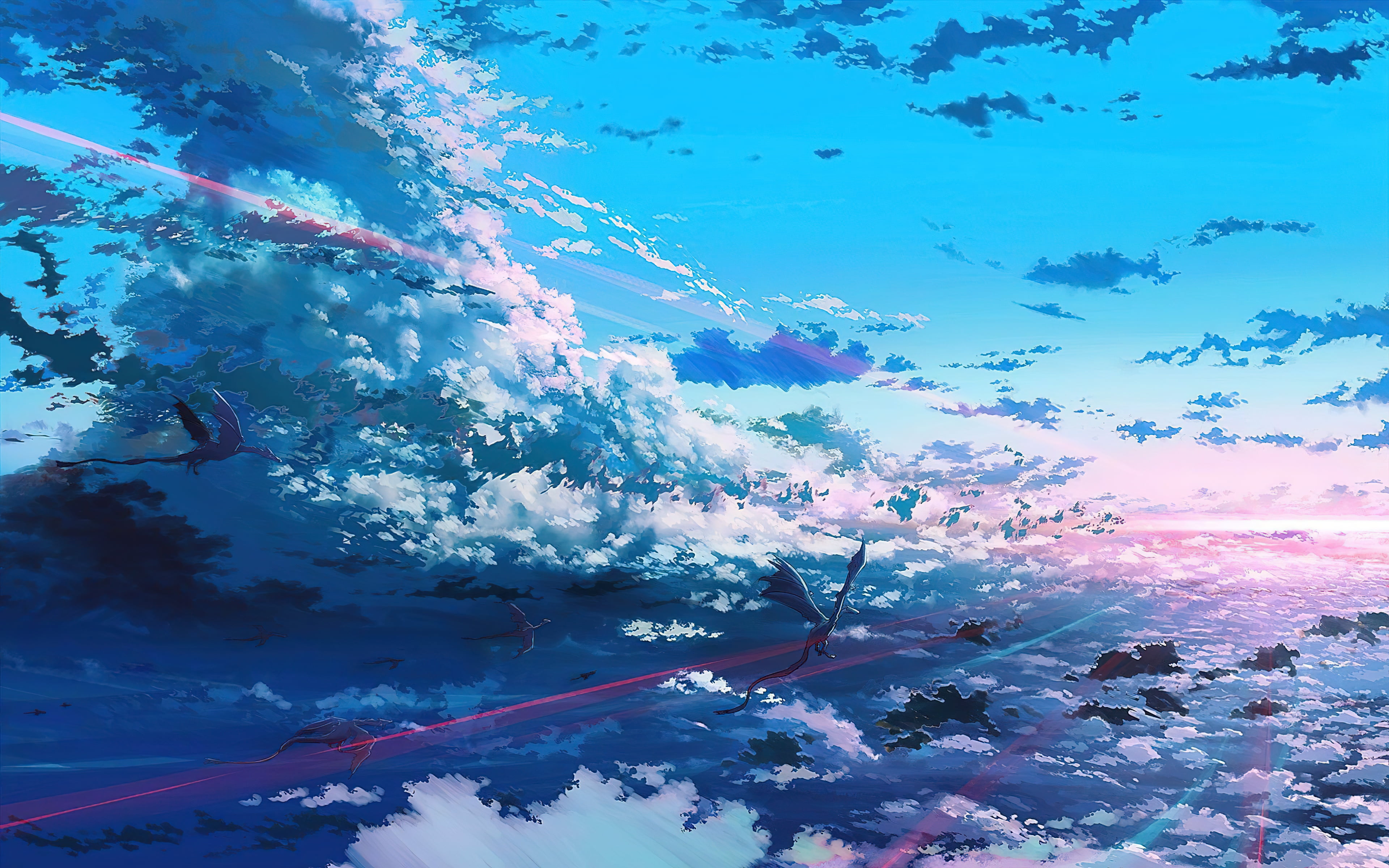 sky, digital art, 4K, anime, colorful, Wyvern, clouds, HD Wallpaper