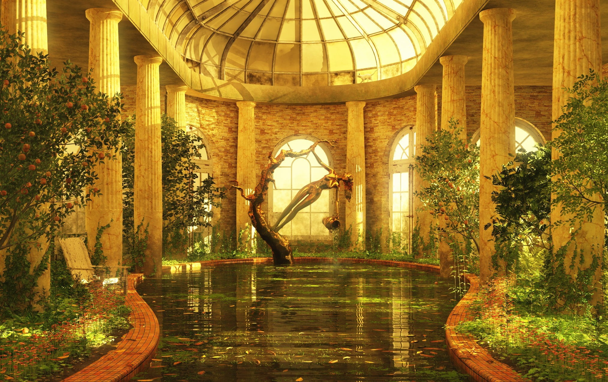 nature, plant, built structure, architecture, trees, travel destinations, citrus, reflection, ceiling, day, brown, pool, water, architectural column, no people, HD Wallpaper