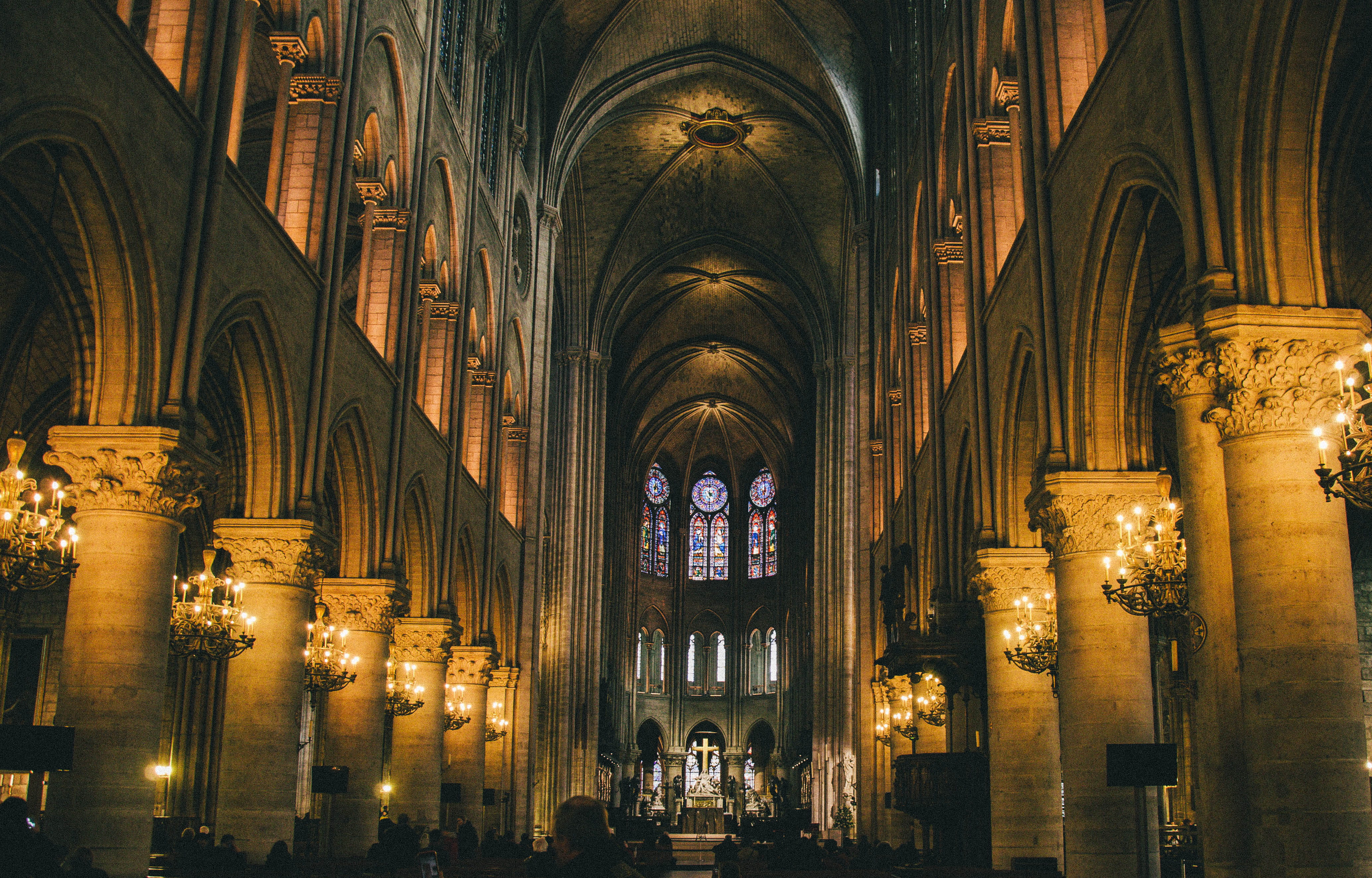 goth like, aisle, travel destinations, interior, religious, ceiling, chapel, turning point, sculpture, concrete, catholic, paris, france, Christ, the past, HD Wallpaper