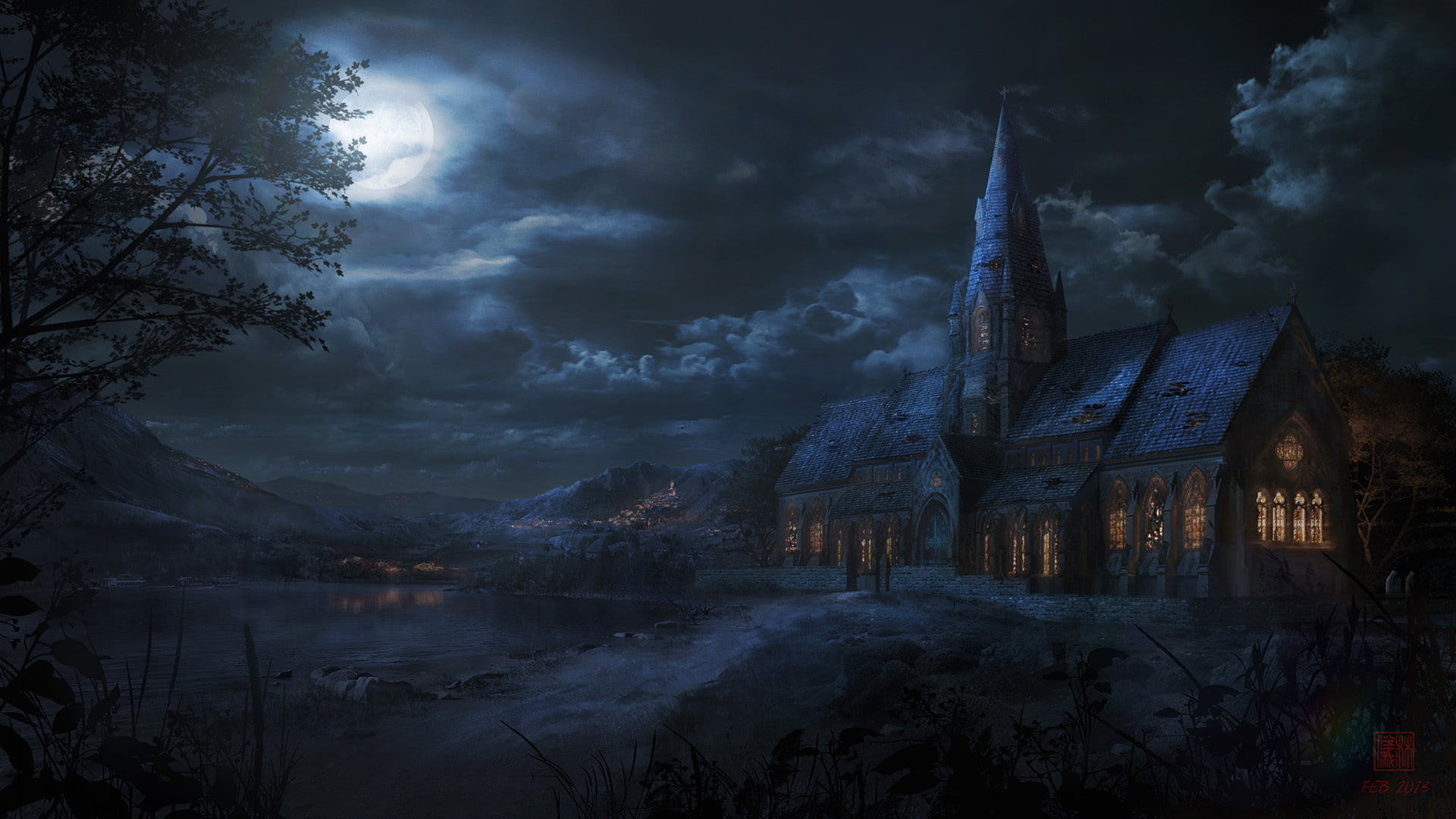 building, tree, sky, digital, building exterior, no people, night, dusk, house, black, light, Church, mountain, nature, reflection, power in nature, HD Wallpaper