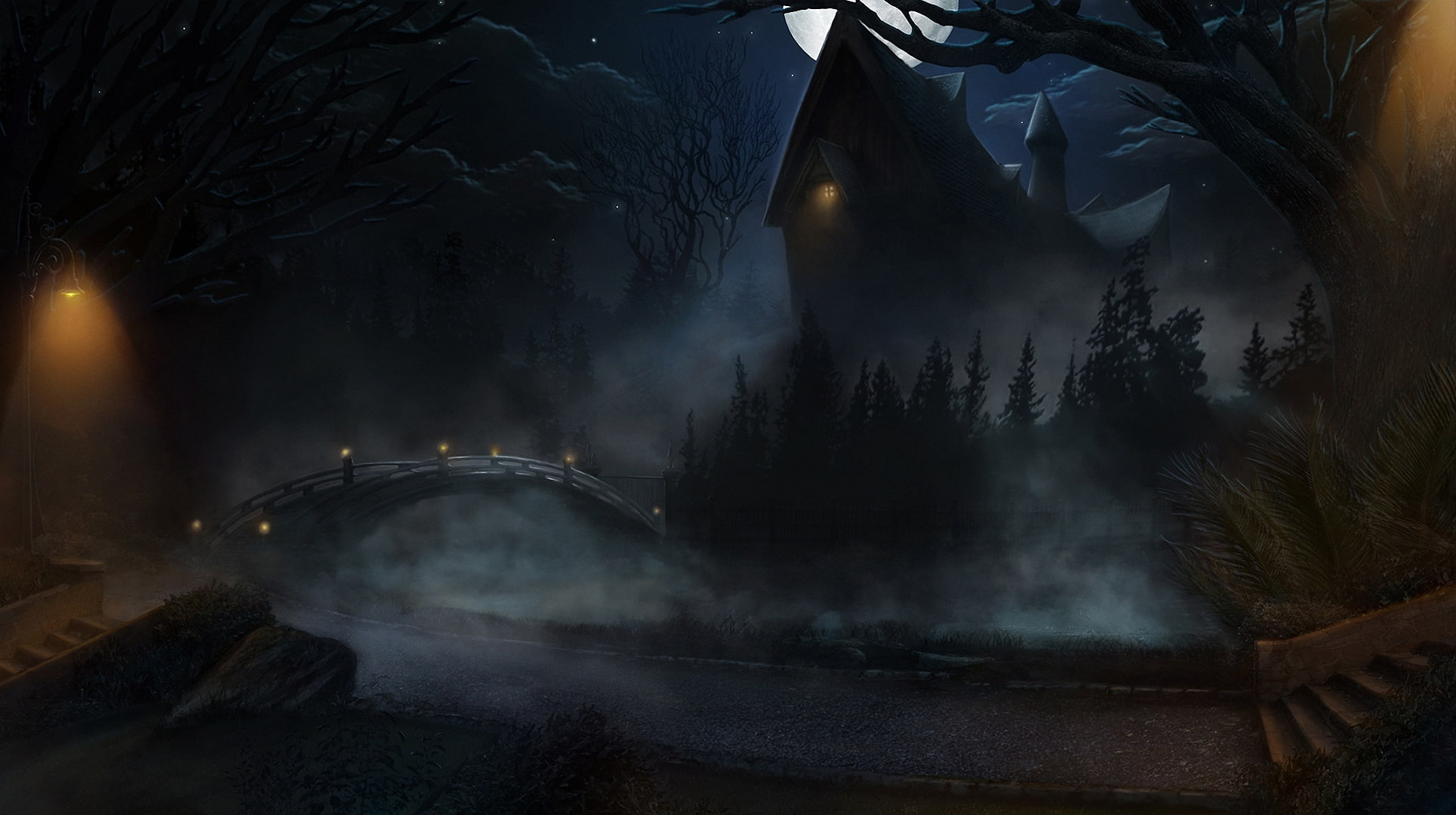 environment, motor vehicle, house, outdoors, art, motion, bridge, transportation, 1080P, no people, car, plant, sky, trees, the moon, pool, smoke - physical structure, HD Wallpaper