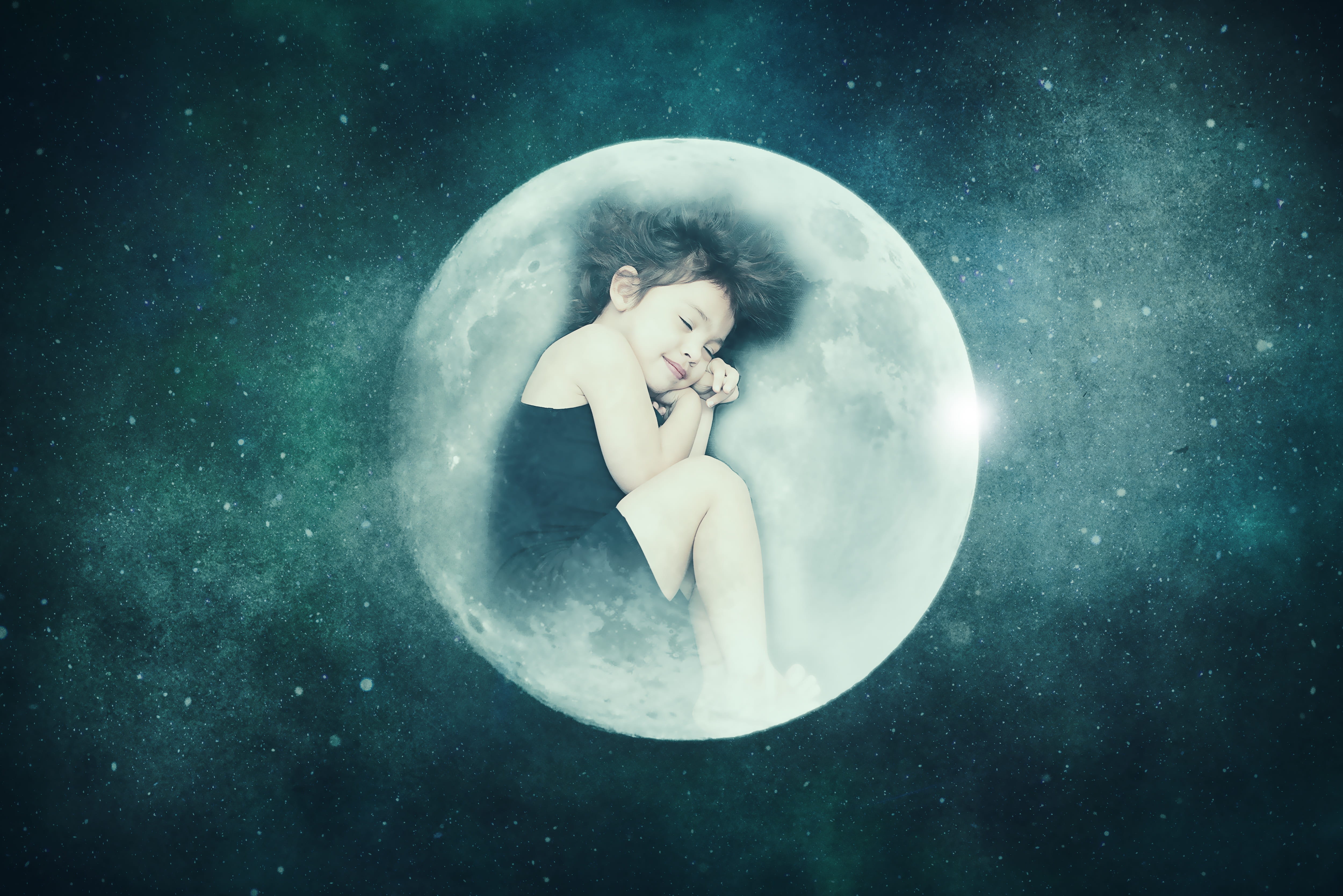 nature, sleep, moon, full length, astronomy, fantasy, atmosphere, dream, composing, female, geometric shape, sea, water, child, one person, surreal, 4K, HD Wallpaper