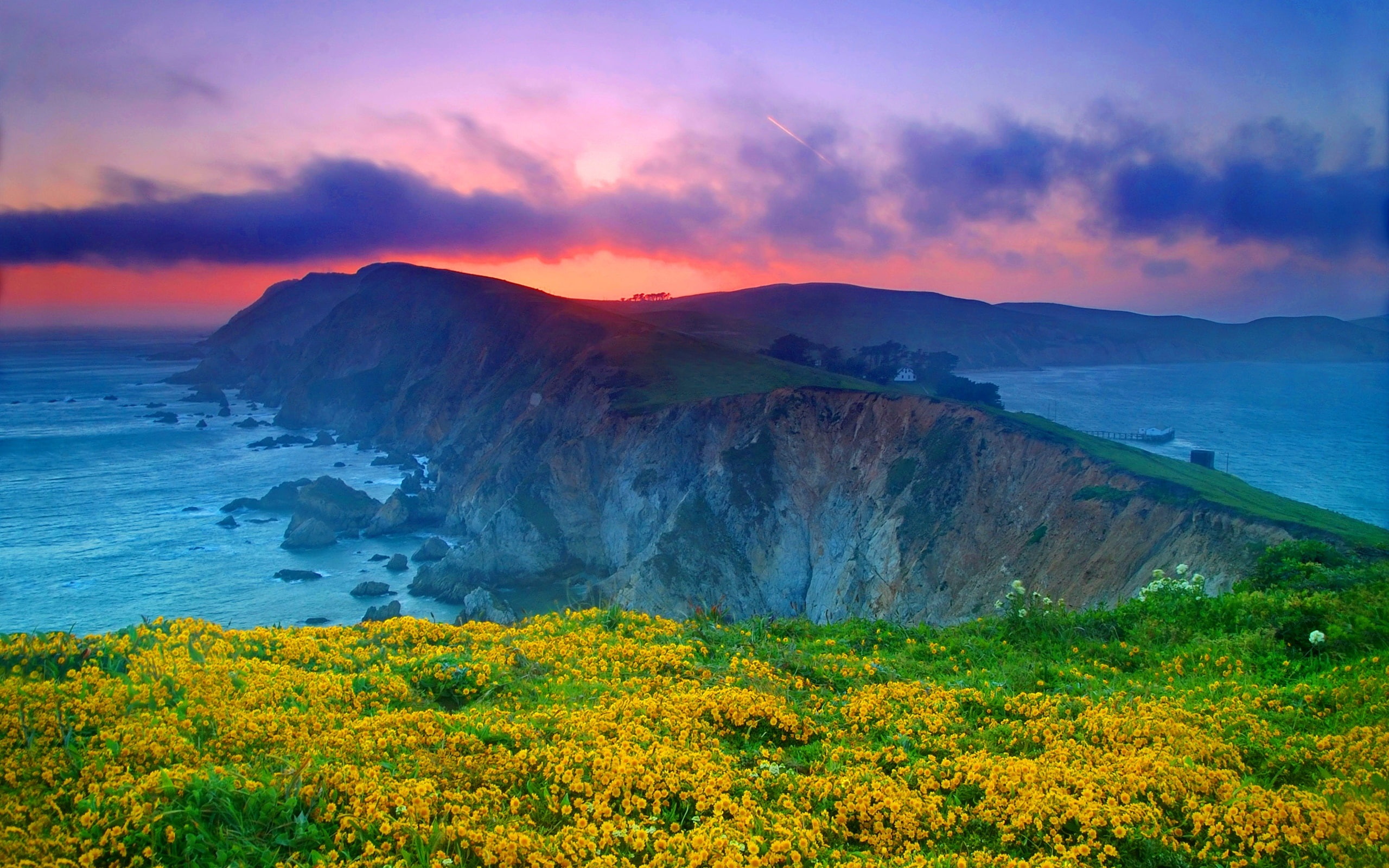 cliffs, Sunset, Point, National, white, Seashore, Clouds, USA, brown, Ocean, mountain, beside, Reyes, 2K, California, HD Wallpaper