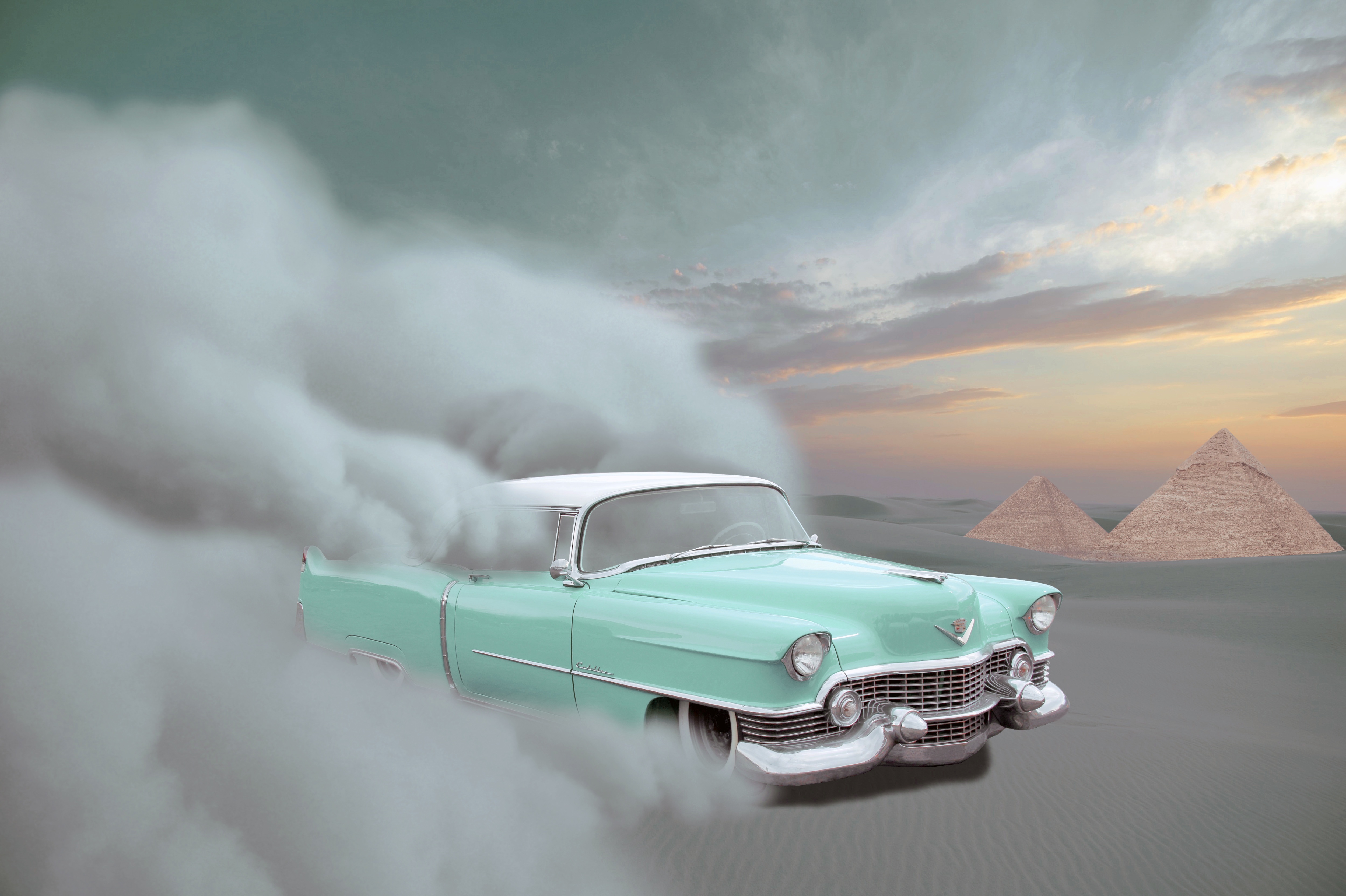 computer and sports, illustration, sandstorm, air vehicle, motion, outdoors, cadillac, white, sand, old car, desert, smoke - physical structure, nature, HD Wallpaper