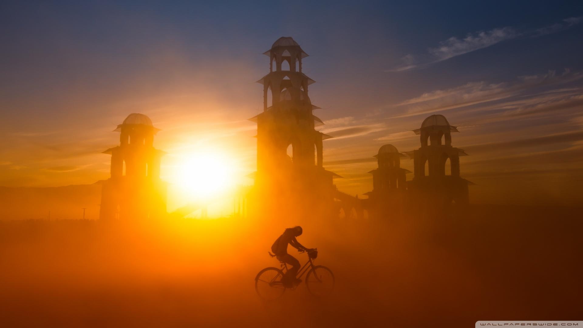 1080P, towers, sstorm, nature and landscapes, temple, four, sunset, sandstorm, biker, HD Wallpaper